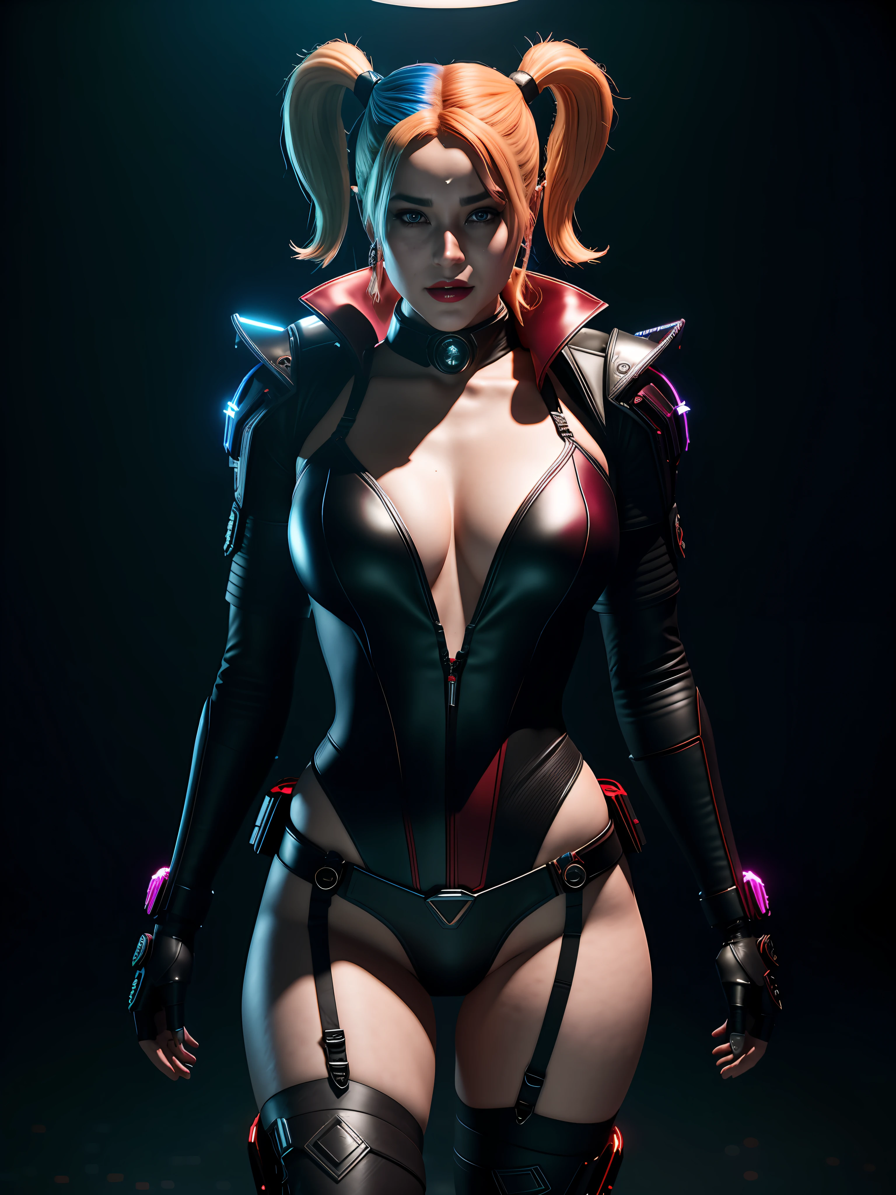 midjourny-v4 style, Professional Photoshot medium a Harley Quinn with highly detailed intricate cybernetics outfit, highly detailed beautiful face, standing in darkness with black particles surrounded the body, proportional body shape + perfect anatomy, symetrical dynamic pose, volumetric shadow, neon glowing dust particles effect + detailed particles, full hd render + 3d octane render + unreal engine 5 graphic 4k UHD + immense detail + dramatic lighting + well lit + intricate + fine details + octane render + Ray tracing + 8k + sharp focus + high vibran contrast, in the style DC style, trending on ArtStation, big breasts, sexy hip