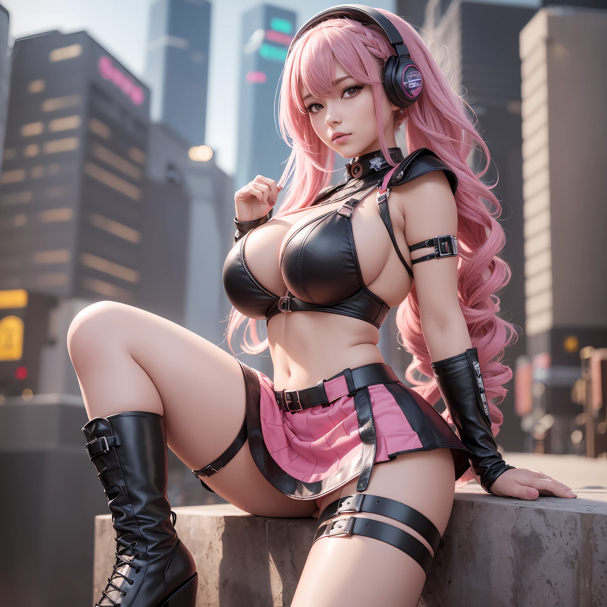 high resolution, best quality, masterpiece, very high image quality, ultra-detailed, hyperrealistic, 3d, hard rock girl, very beautiful cute, pink wavy hair, side braid, huge breasts, miniskirt, thong panties, knee high socks, engineer boots, background cyber punk city galaxy