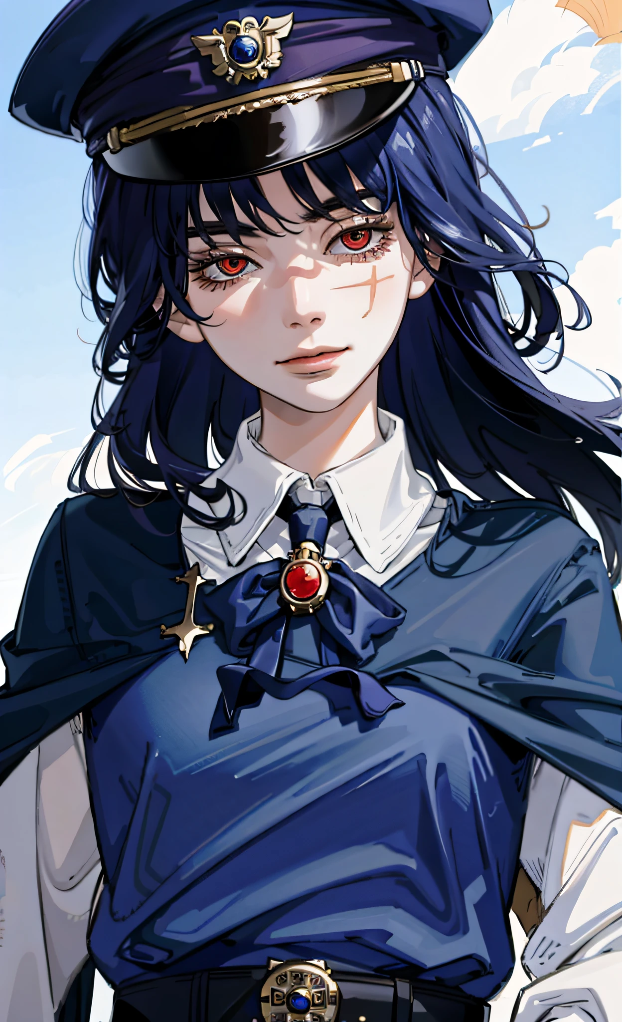 (best quality), yoru, 1girl, long hair, red eyes, scar on face, ringed eyes, blue military uniform, cape, war medals, blue military cap, psychotic smile, white background, looking at viewer, (wallpaper), (8k HD),