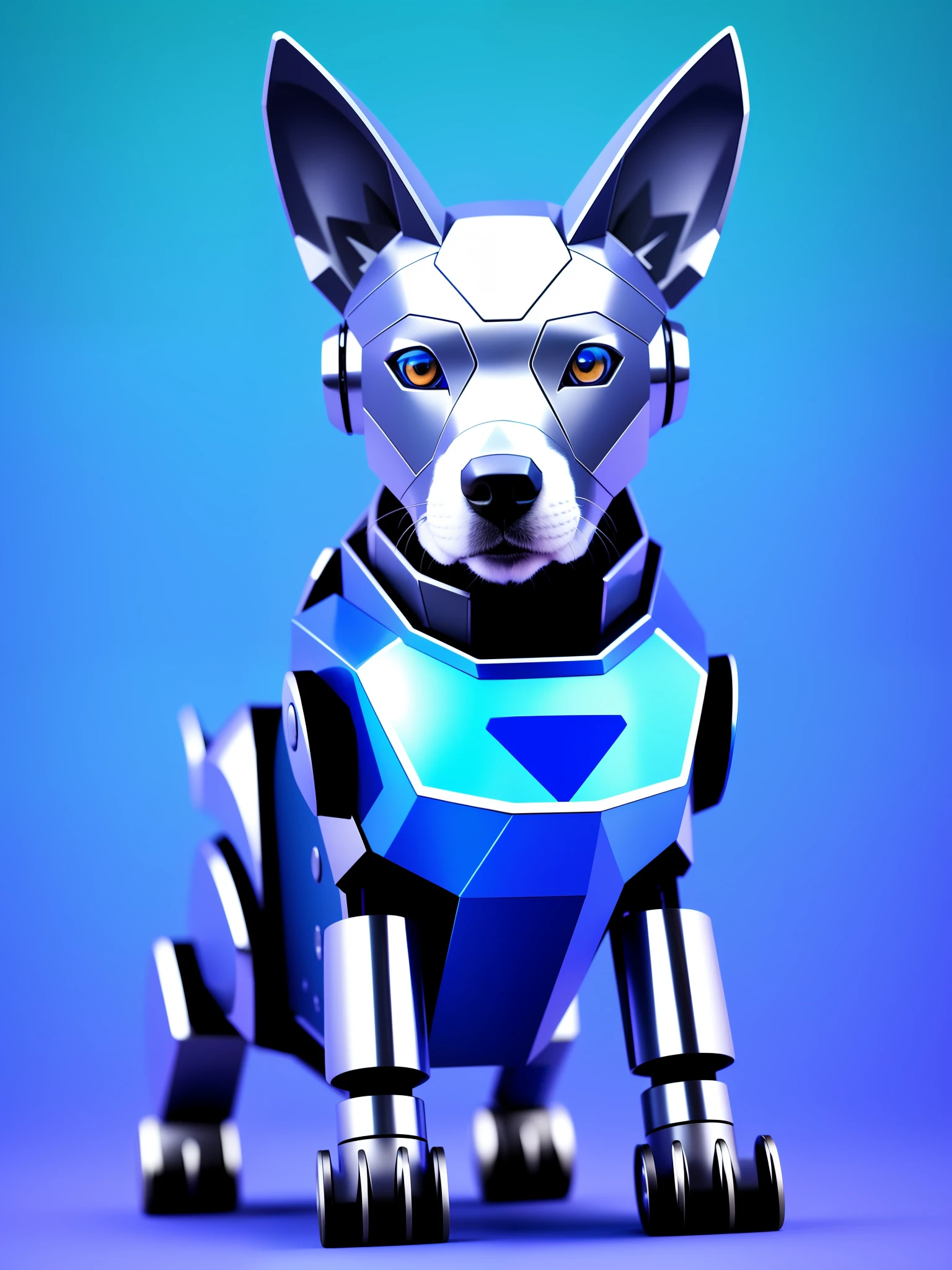 Dog made of metal, super definition, blue eyes, robot