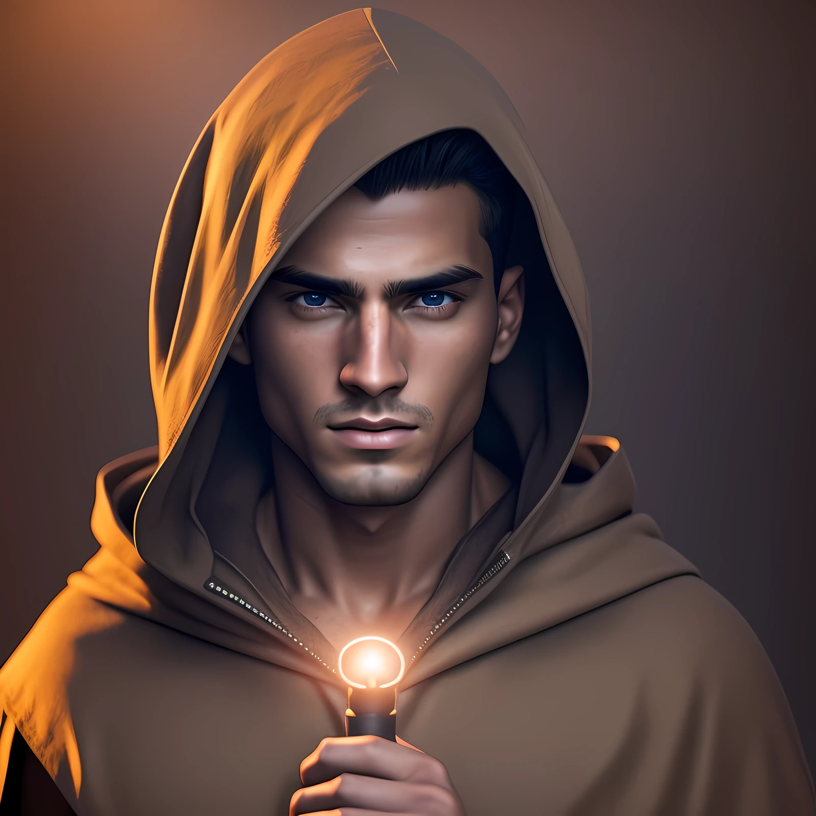 realistically dynamic lights, (extremely detailed 8k CG unit) young man, who likes programming, with a shave and holding a light that represents liberation, a fearless look, face half covered and with a hood