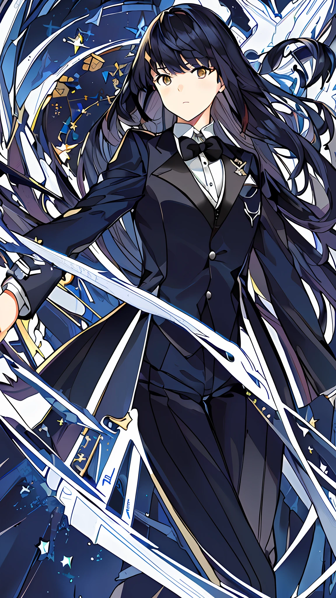 (((masterpiece))),(((bestquality))),((ultra-detailed)),(illustration),((anextremelydelicateandbeautiful)),dynamicangle,floating,(beautifuldetailedeyes),(detailedlight) (1girl), solo,long dark navy hair,(((tuxedo))),masculine,abstract navy background