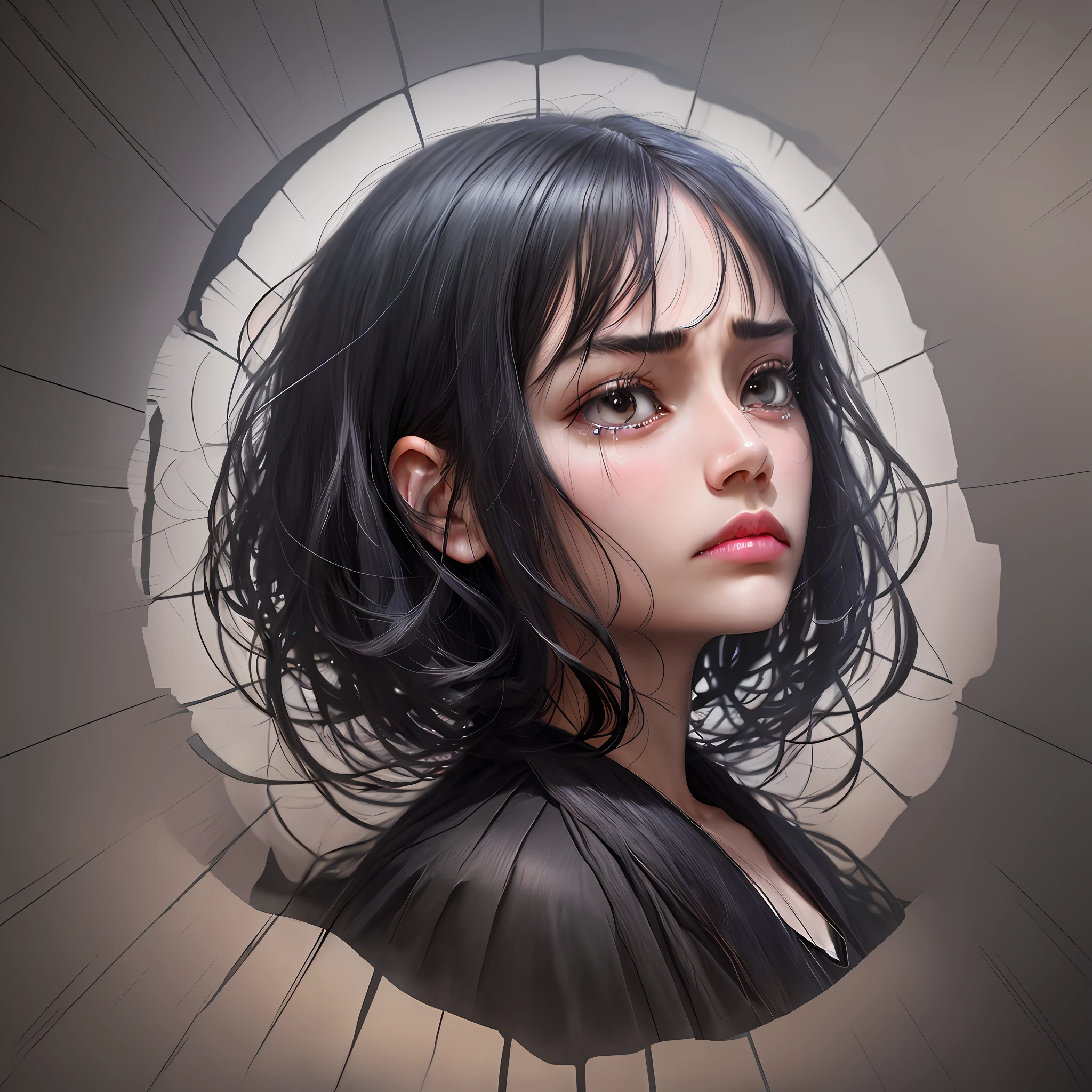black hair, Surrealism, 8k, super detail, sad face, shed tears, gradient black background with white