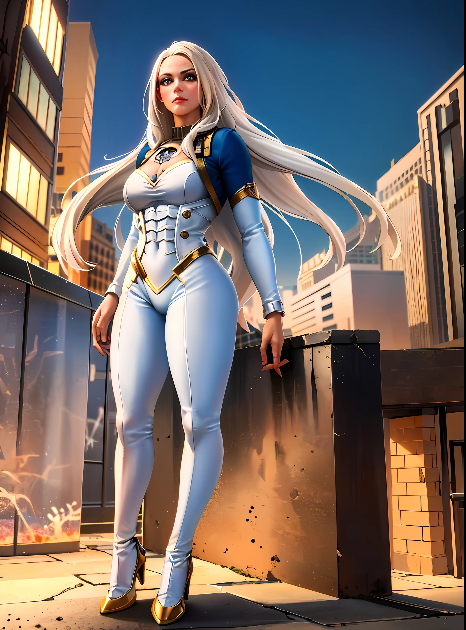 (Masterpiece, 4k resolution, ultra realistic, very detailed), (White superhero theme, charismatic, there is a girl at the top of the city, dressed in the Spider-Man costume, she is a superheroine), [ ((25 years), (long white hair: 1.2), full body, (blue eyes: 1.2), ((Spider-Man pose), show of strength, jump from one building to another),  ((sandy urban environment): 0.8)| (cityscape, at night, dynamic lights), (full moon))] # Explanation: The Prompt mainly describes an ultra high definition 4K painting, very realistic, very detailed. It shows a superheroine at the top of town, dressed in a Spider-Man costume. The subject in the painting is a white superhero theme, the female protagonist has long white hair, is 25 years old, and her whole body is shown naked in the painting. In terms of portraying the actions of superheroines, spiders are employed.