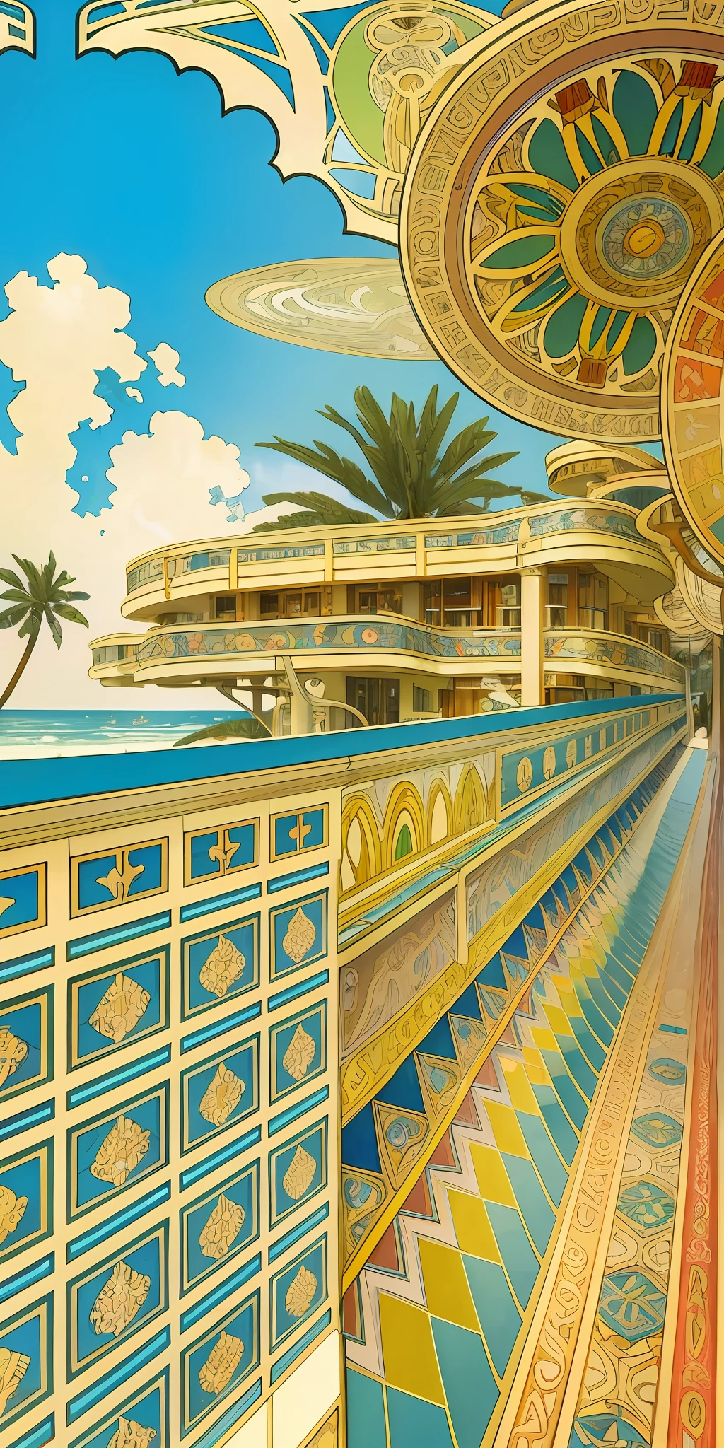 (art by Alphonse mucha), retrofuturistic sunny hotel resort near beach, high details, high resolution, HD,