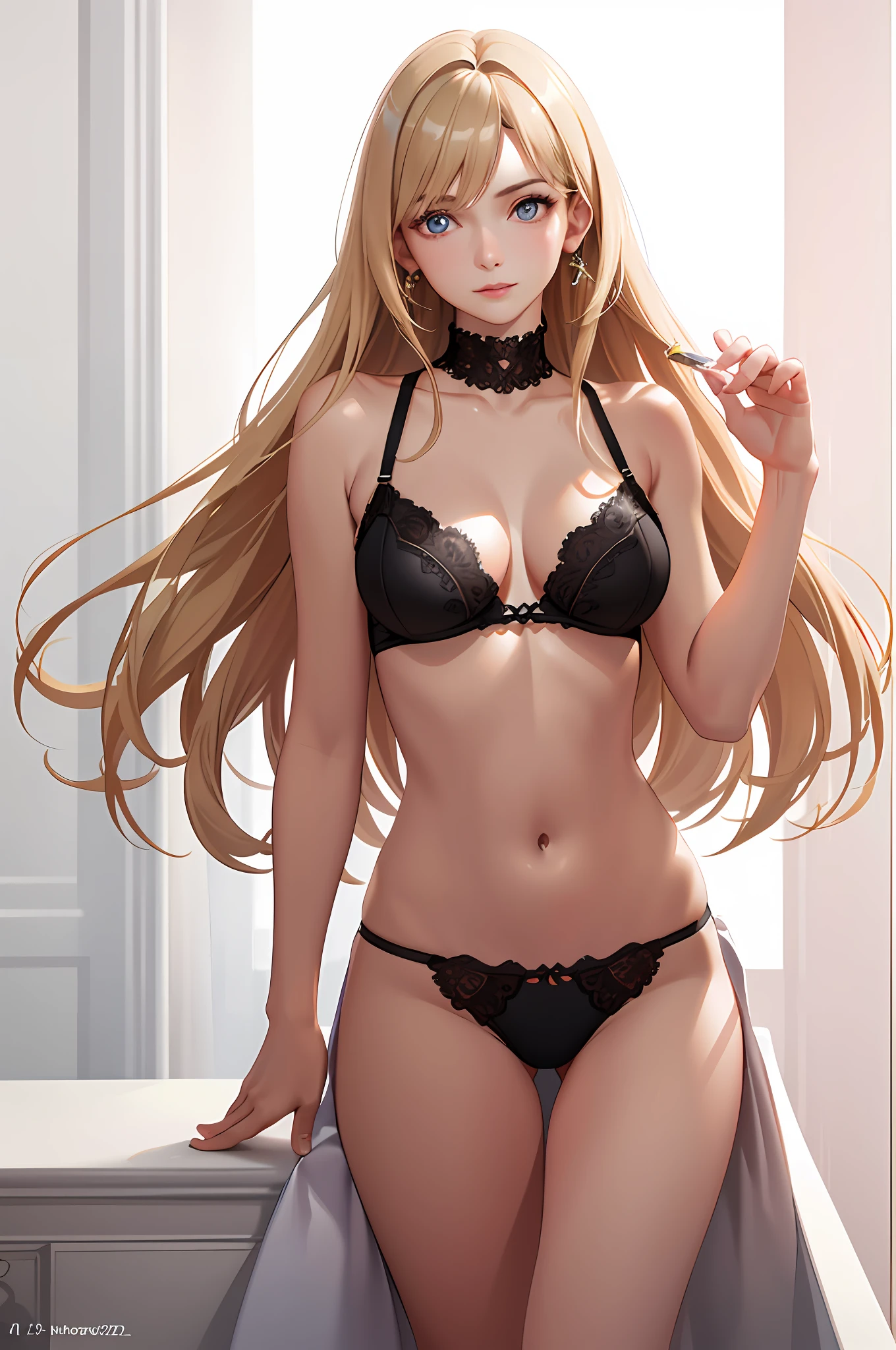 (photorealistic: 1.4), (masterpiece, side lighting, beautiful finely detailed eyes: 1.2), masterpiece*portrait, realistic, 3d face, glowing eyes, shiny hair, glossy skin, solo, embarrassed, (belly), black underwear, blonde hair,