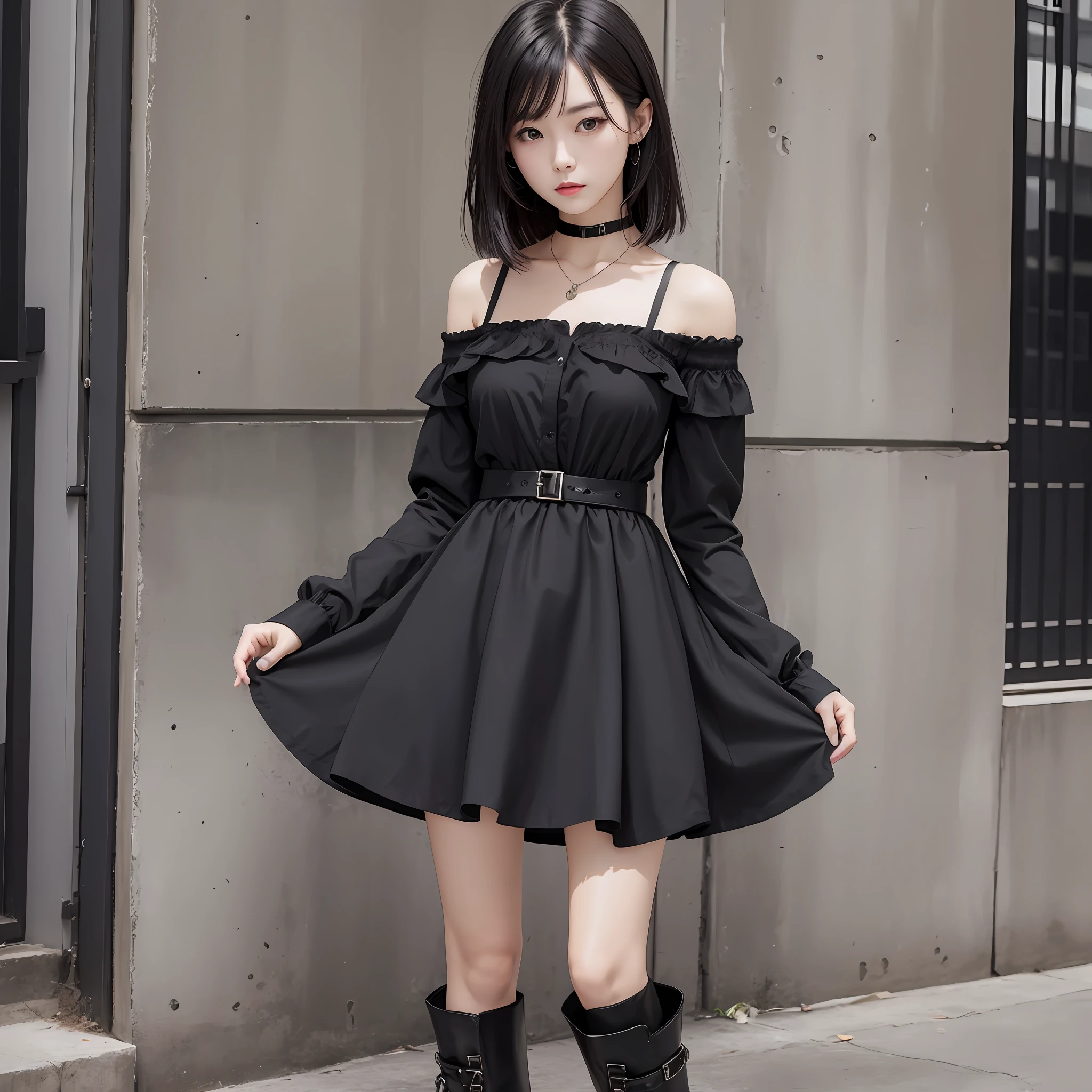 Top quality, American woman wearing very short dress and black color boots, full body, very slim body, perfect face. --auto --s2