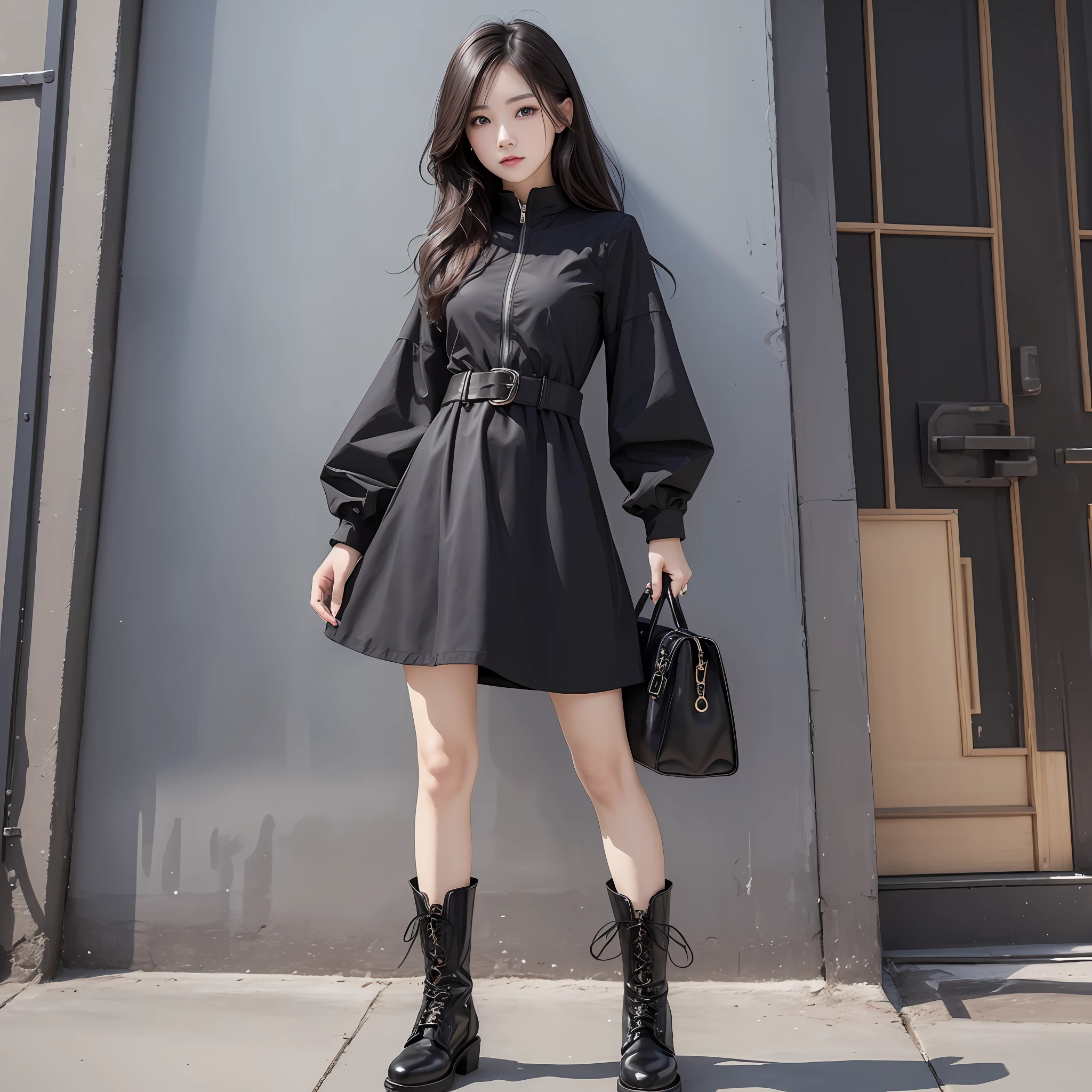 Top quality, American woman wearing very short dress and black color boots, full body, very slim body, perfect face. --auto --s2