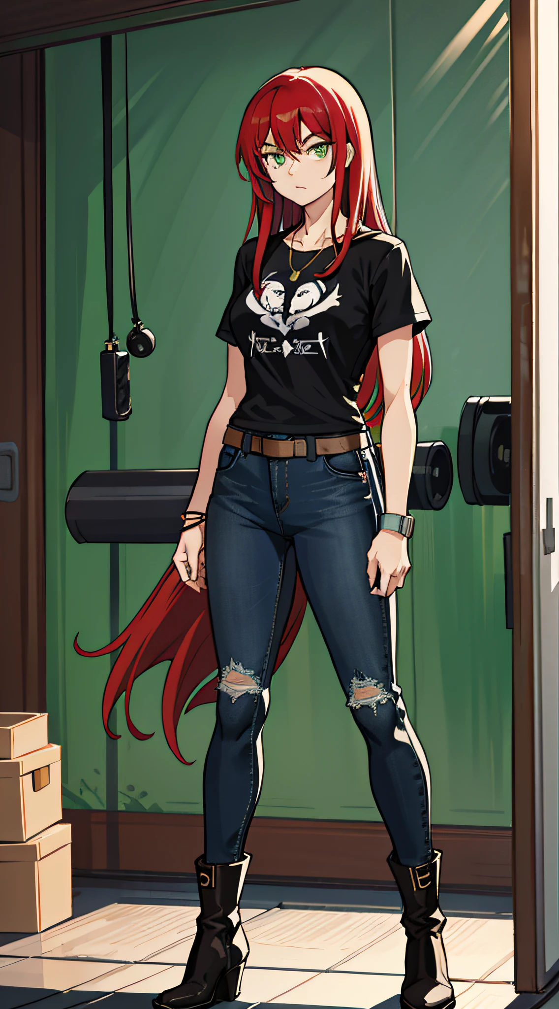 In Yusuke Murata style, a woman of average height, approximately 1.70m tall. She has long red hair, which underscores her determined expression. His eyes are an intense shade of green, conveying strength and assertiveness. Sofia has an athletic physical constitution, a result of her dedication to training and physical activities, In her day to day, practical and comfortable clothes, but that also reflect her strong personality. She often wears tight jeans, stylized T-shirts and leather boots. In addition, she carries with her a black leather jacket, which has become her trademark. Sofia also likes minimalist accessories such as leather straps and necklaces with symbolic pendants.