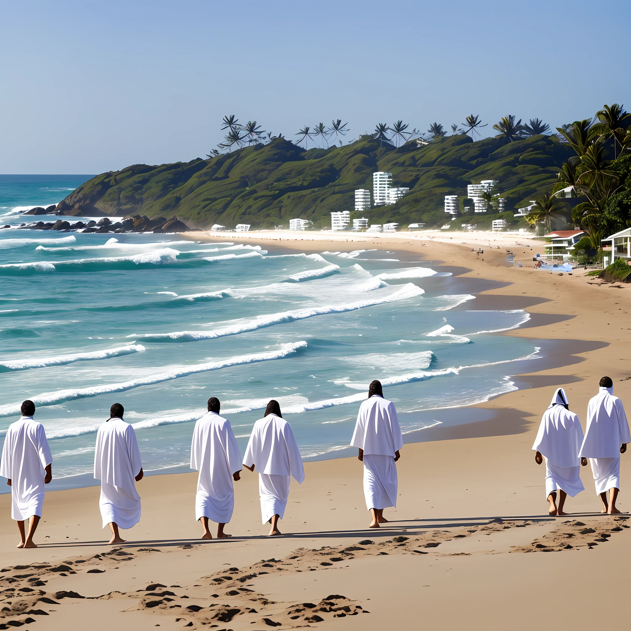 Create photo of Jesus and his apostles walking along the beach of Balneario Camboriu, Santa Catarina, Brazil. They are on the edge of the beach, the photo has a view of the back, they walk from the north bar towards the south --auto --s2