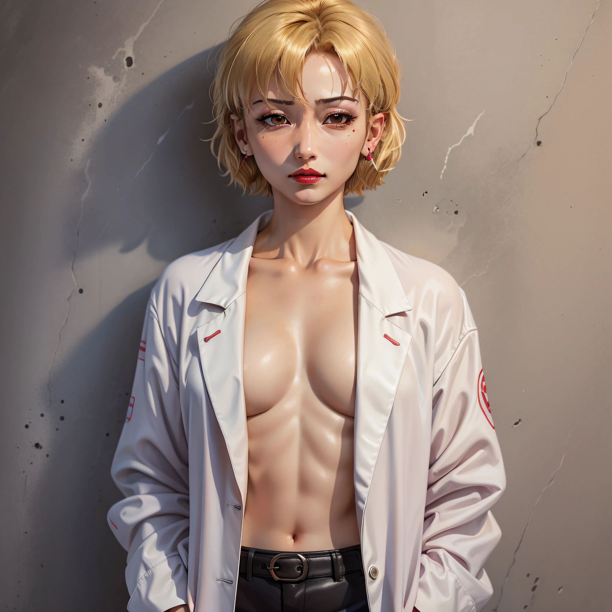 1girl, solo, akagi ritsuko, short hair, blonde hair, labcoat, blonde , earrings, mole under eye, makeup, lipstick, red lips, tired eyes, razed eyes, small smile, blush, red lips, full doby, mujer con pene, pene, sin camisa, sin pantalon