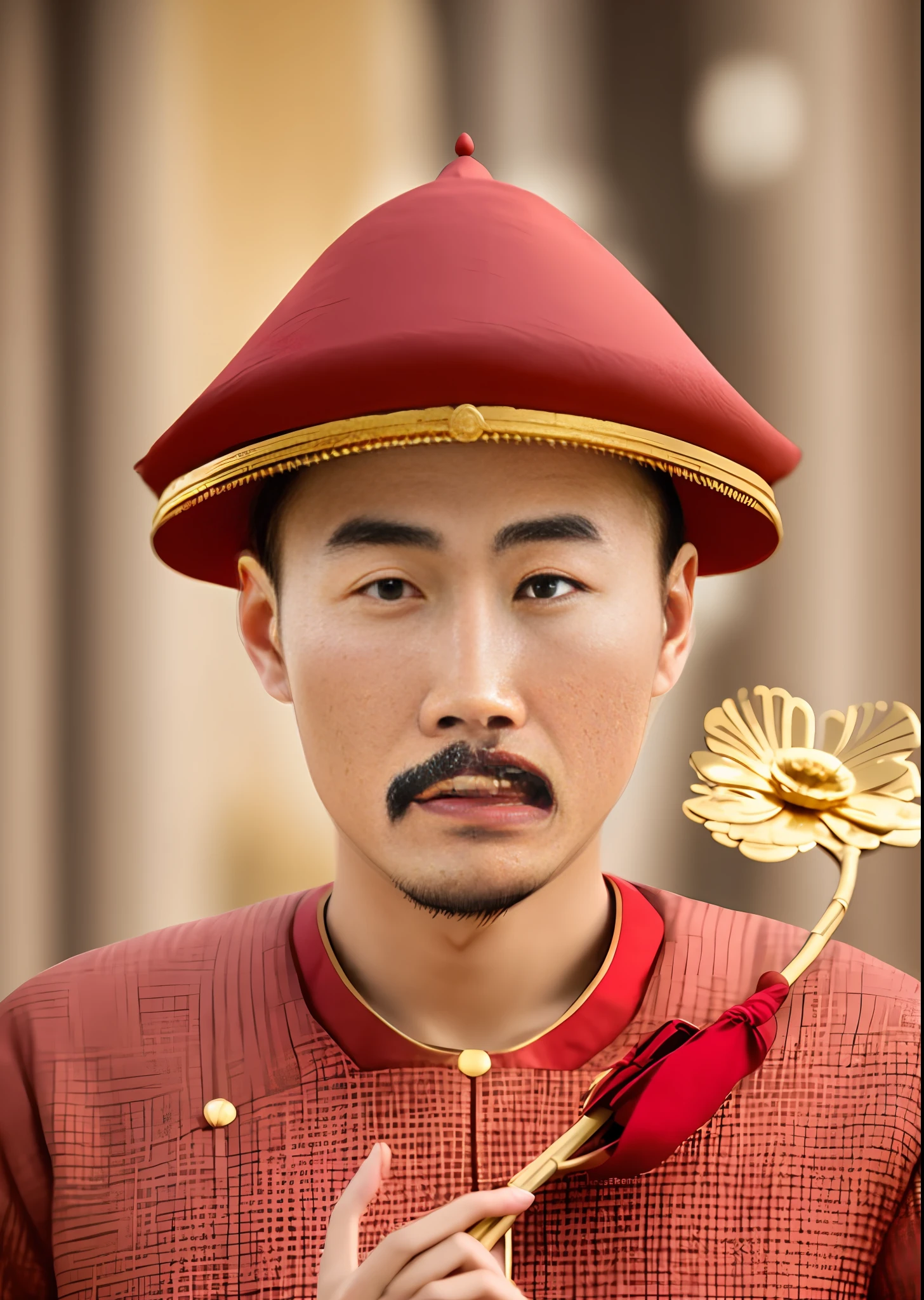 An ancient Chinese emperor, about 25 years old, wearing a red hat, brown cloth official uniform, holding a golden flower in his hand, realistic close-up of his face, person photography, ambient light, background light, Tyndall light