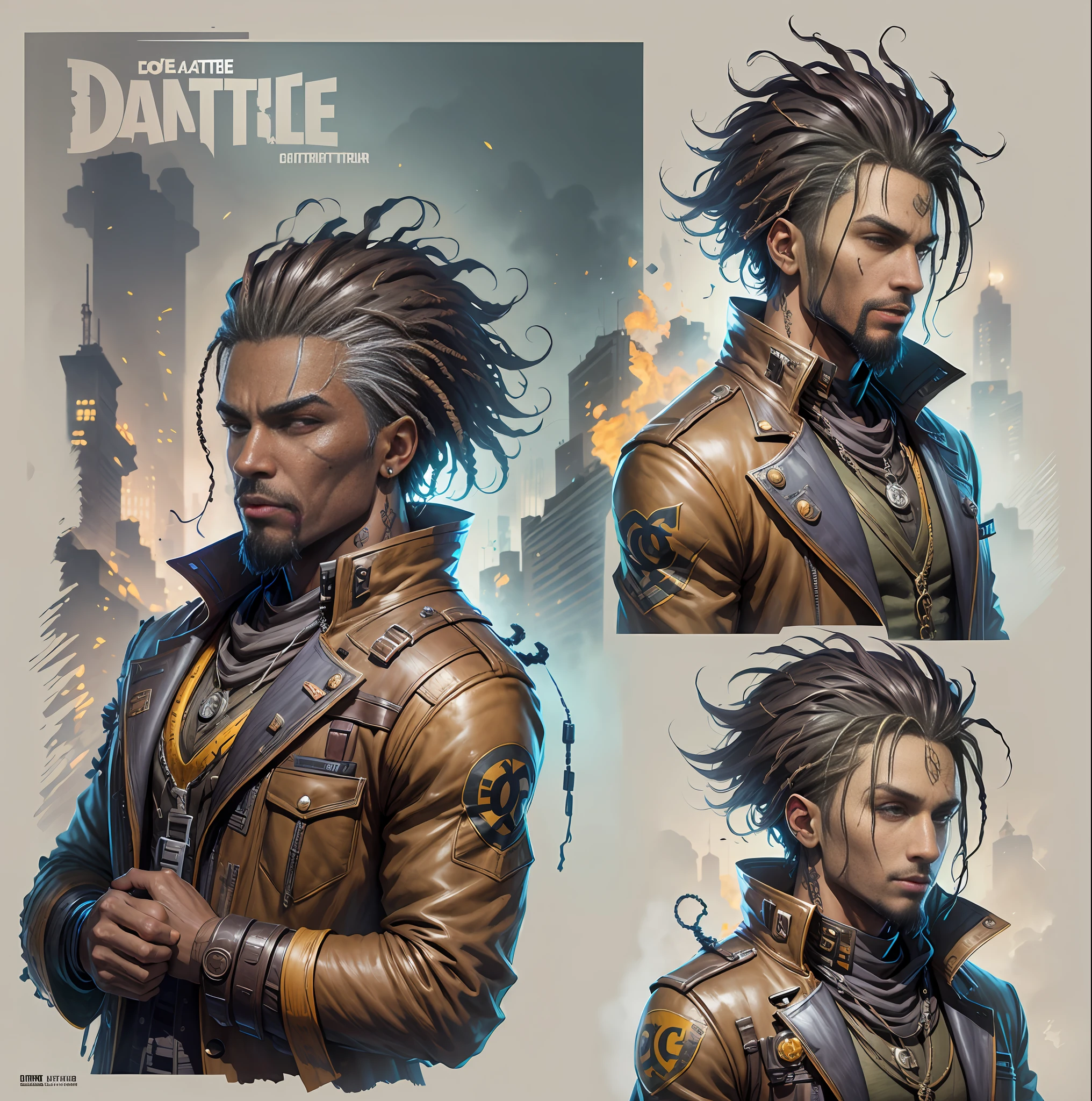 Create a DC comics style character, a man, hair blooming color, brown skin, different from those that exist, well detailed, tattered clothing, fortnite style scenery, high quality in details, looking at the front of the screen .