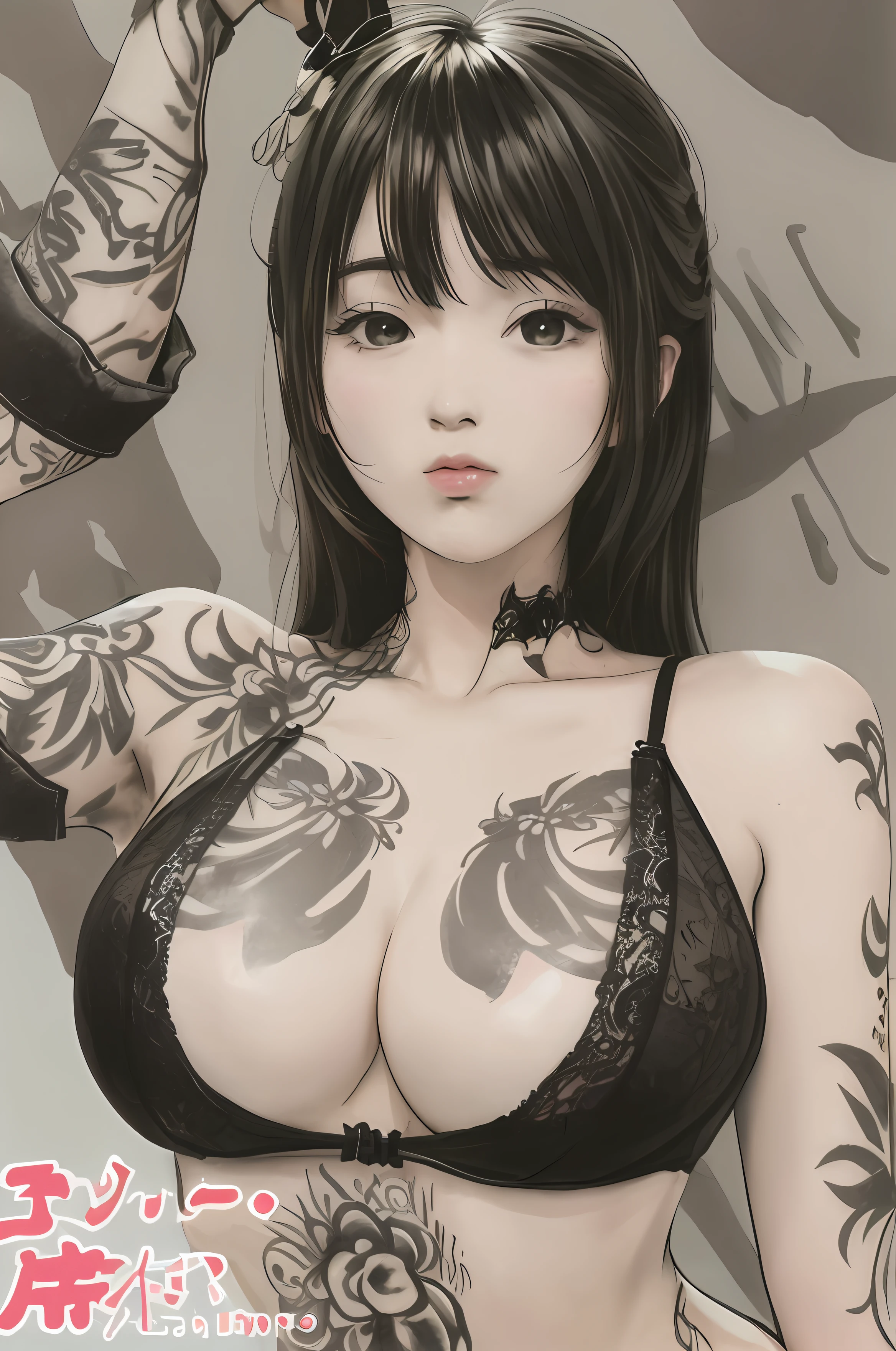 Japanese,large breasts marking bra with trigue tattoo on arm