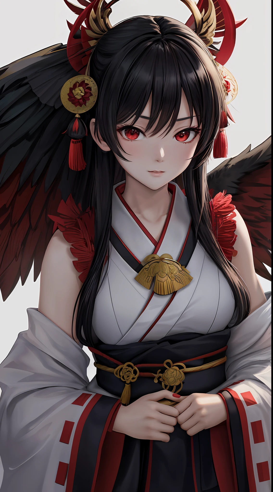 masterpiece, best quality, ultra-detailed, CG illustration, high resolution, better lighting, best shadow, extremely delicate and beautiful, appropriate shading, HD, 8k, ray tracing, hyper detailed and sharp background, perfect lights, anime style, Inspired by the game Mahokenshi: House of Ruby (Tengu, winged mountain kami, aggressive, red and white colors), strength, samuraipunk, solo, 1 woman, black hair, red eyes,  adult, obi tassel,