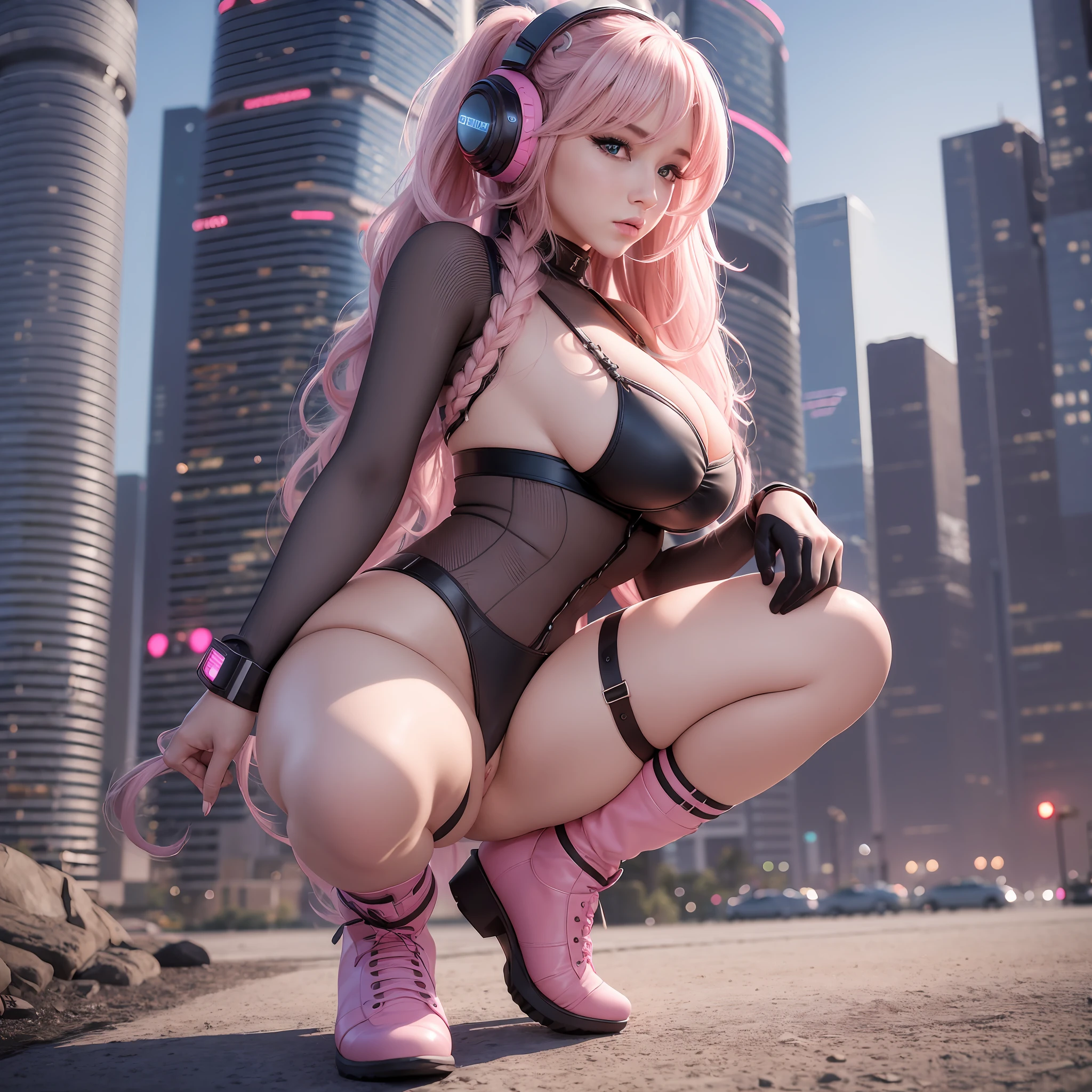 high resolution, best quality, masterpiece, very high image quality, ultra-detailed, hyperrealistic, 3d, hard rock girl, very beautiful cute, pink wavy hair, side braid, huge breasts, miniskirt, thong panties, knee high socks, engineer boots, background cyber punk midnight city galaxy