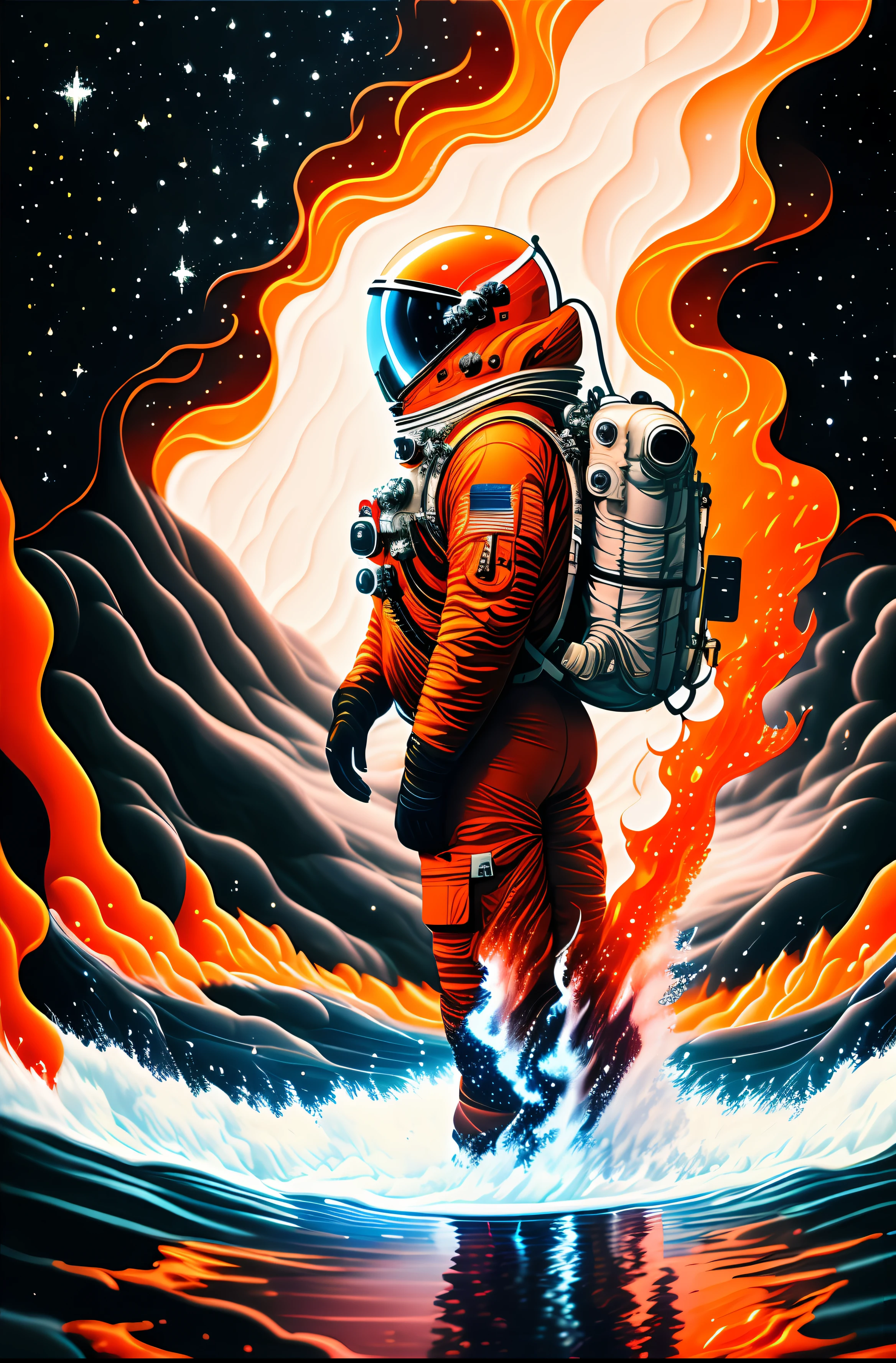 "An exquisitely-detailed depiction of an astronaut bravely standing amidst contrasting elements - fiery lava on his left and shimmering water on his right. The composition is captivating and dynamic, capturing the awe-inspiring beauty and danger of outer space exploration."