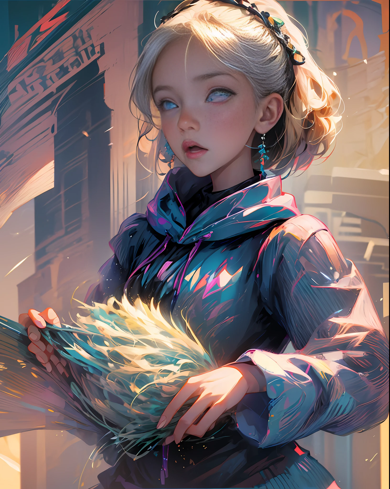 1 girl, masterpiece, best quality, anime, corrected, unblurred, undeformed, corrected body parts, corrected face, short shoulder length hair, blond hair, attractive eyes, (black fancy hoodie), extremely detailed, full body, in a town, holding a book, lens flare, by studio ghibli, SFW. --auto --s2