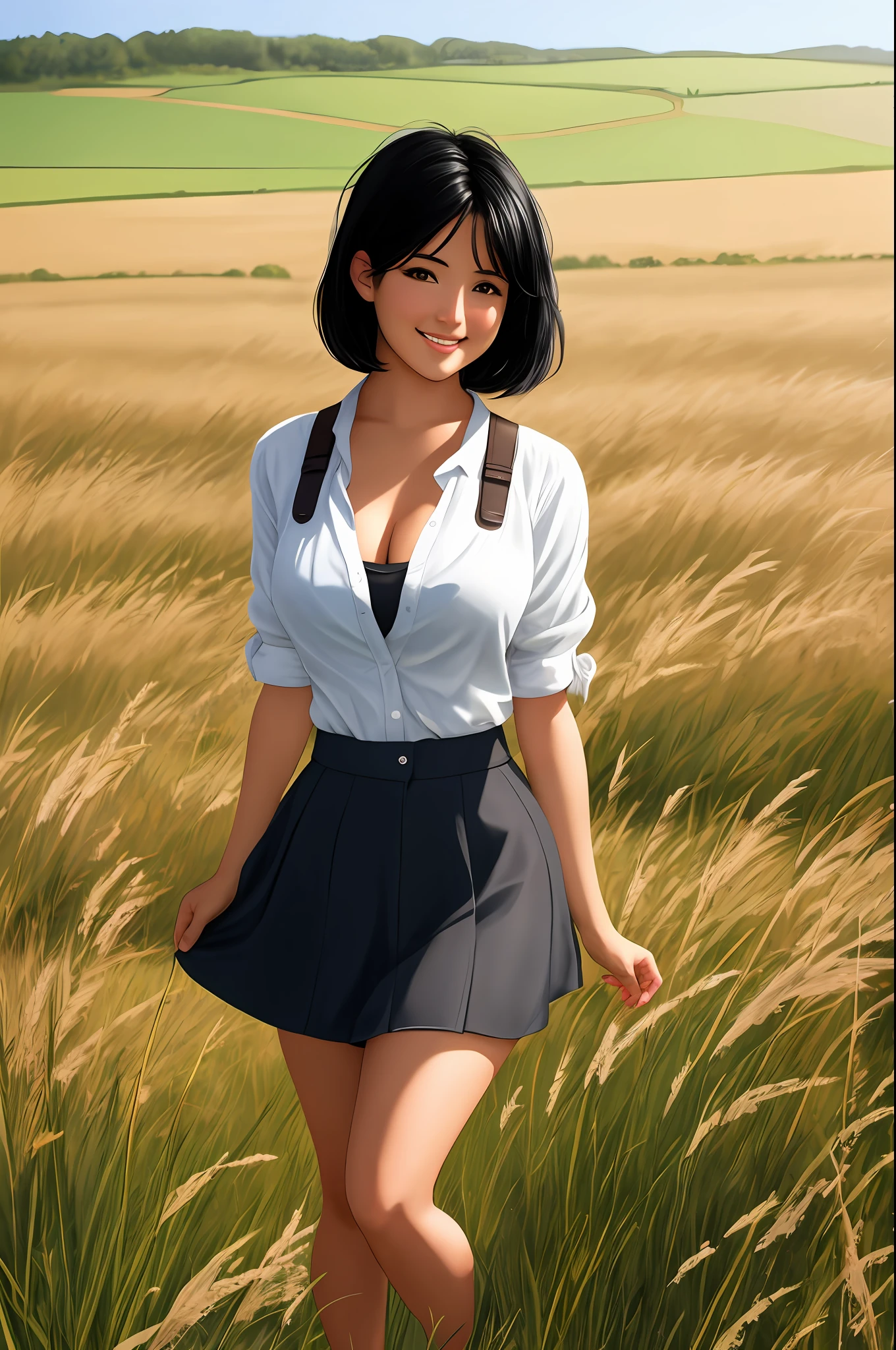 Girl, Black hair, short hair, 8k resolution, detailed image, full body, (open field grass in sunlight) easy expression Smiling, realistic, breasts, thighs, standing, holding the breasts.