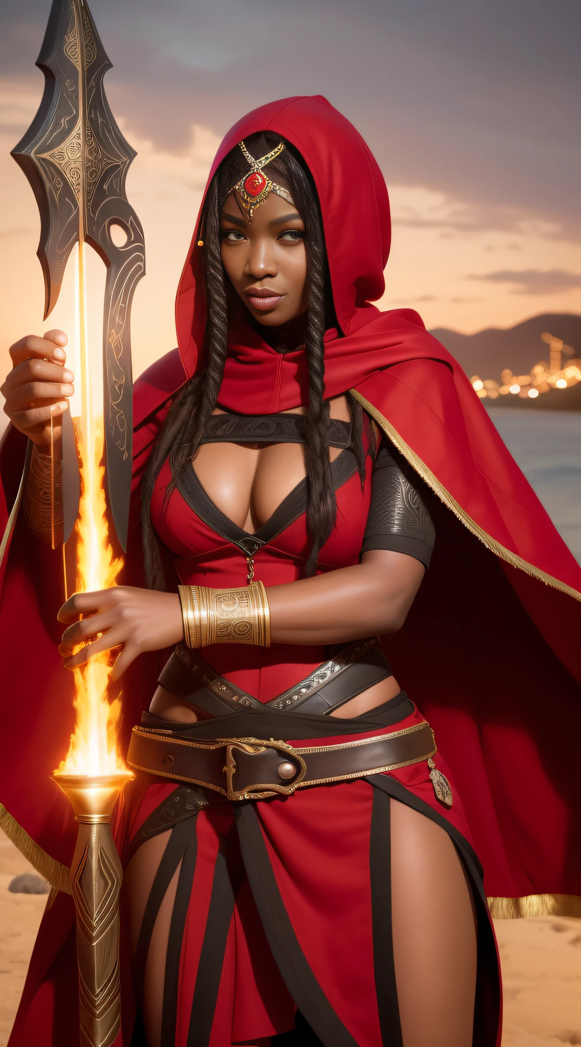 Realistic 8K photography, ultra quality, ((African woman)) (full body front: 1.3) natural very dark skin, (golden eyes: 1,195) SSAHC, well detailed face and fixed gaze, voluminous curly dread hair, holding one the sword in his hand and the other object made with large buffalo tail hair, red hood covering the head and part of the dark and gloomy face, African rustic armor, buffalo horn at the waist, buffalo horns, hooded adynkra calligraphy, red skirt, flowing red dress adynkra calligraphy covering the whole body, warrior woman, northern adult warrior woman, 45 years old, face tattoo african calligraphy, storm style character with red dress, flowing cape, flowing red dress, holiness, dark skin african goddess of war, holy pose, open arm, mystic, orisha, oyá, Iansâ, Santa Barbara, holy attitude, depth of field