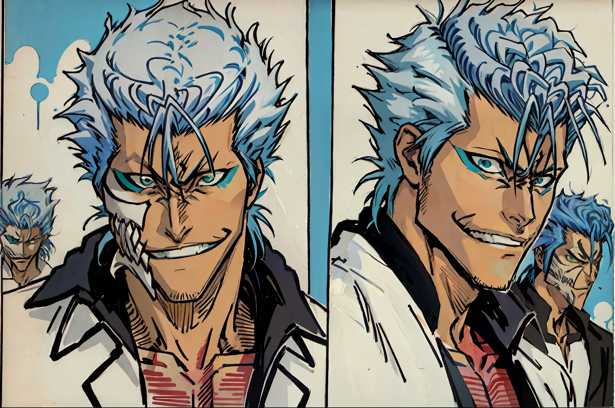 masterpiece, best quality, ((1man)),blue hair,green eyes,serious expression, smiling,waist up,line art,medium hair,white blazer,black t-shirt,expressionless eyes,((Tite Kubo style))