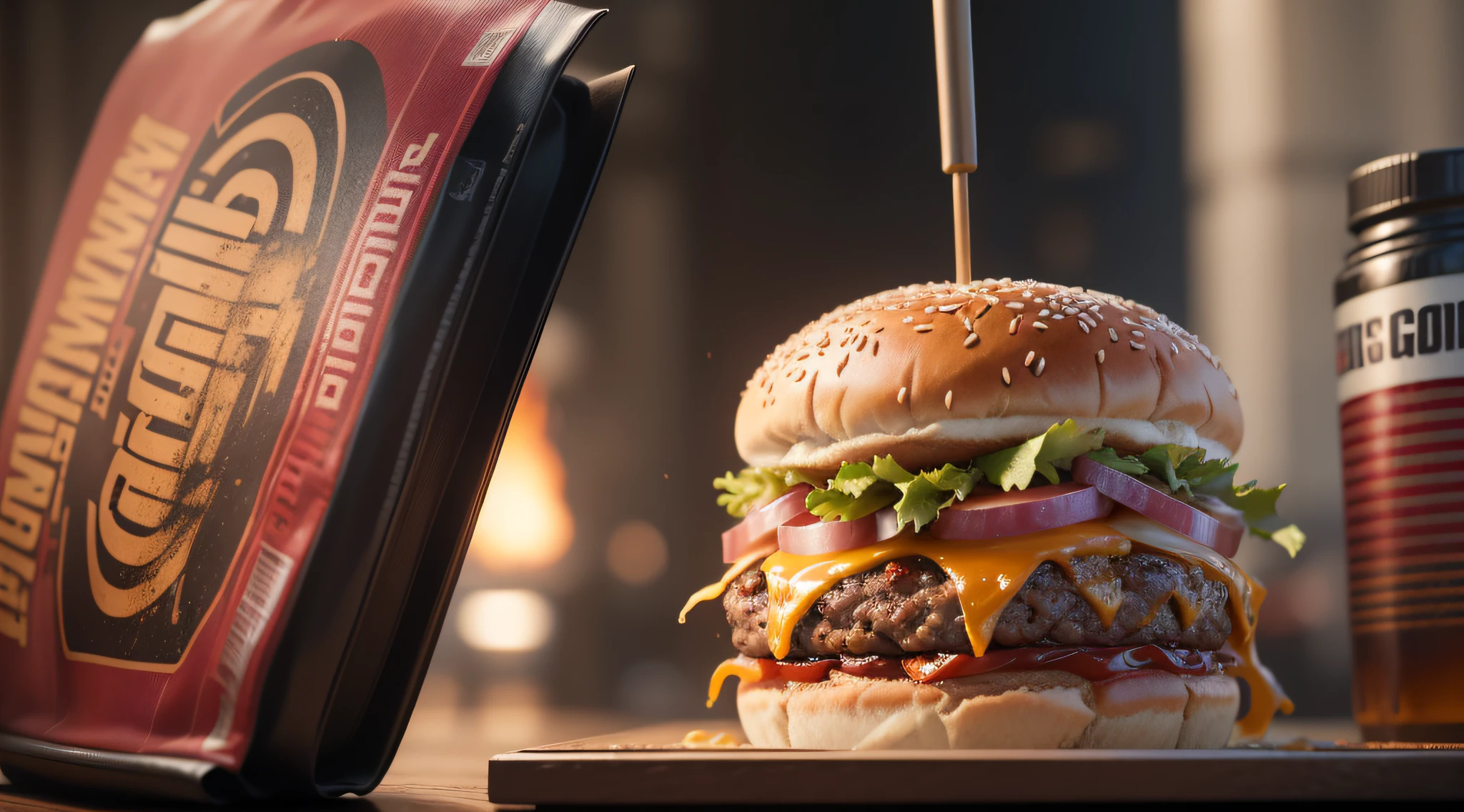 Film still, a realistic burger, masterpiece, (close-up) catching fire in a cyberpunk setting 30s