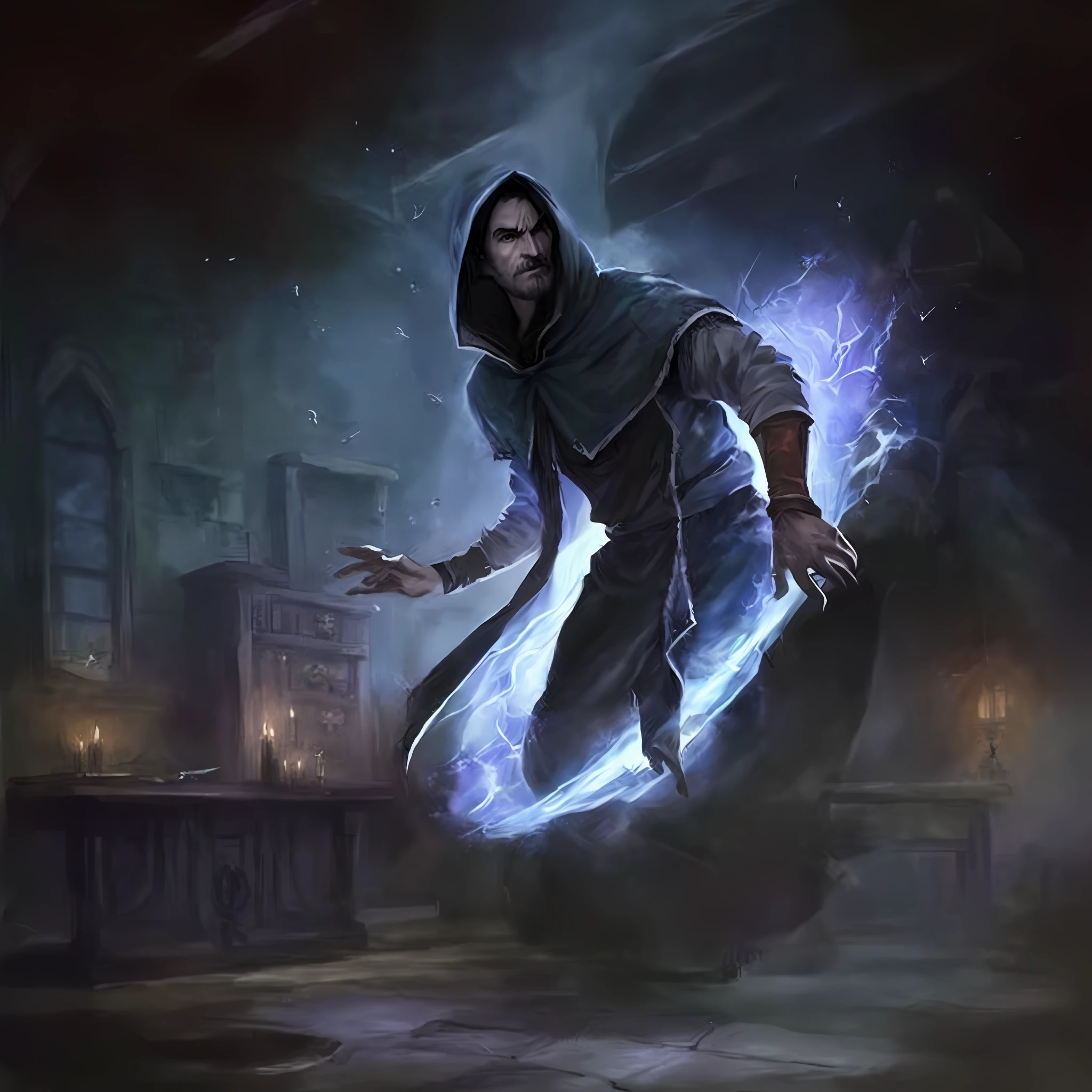a man in a hoodedie is standing in a dark room, an arcane wizard casting a spell, painted in the style arcane, portrait of a mage, ghostly necromancer, roleplaying game art, archmage, light sorcerer, kaladin stormblessed, casting epic spell, modern occultist, fantasy mage
