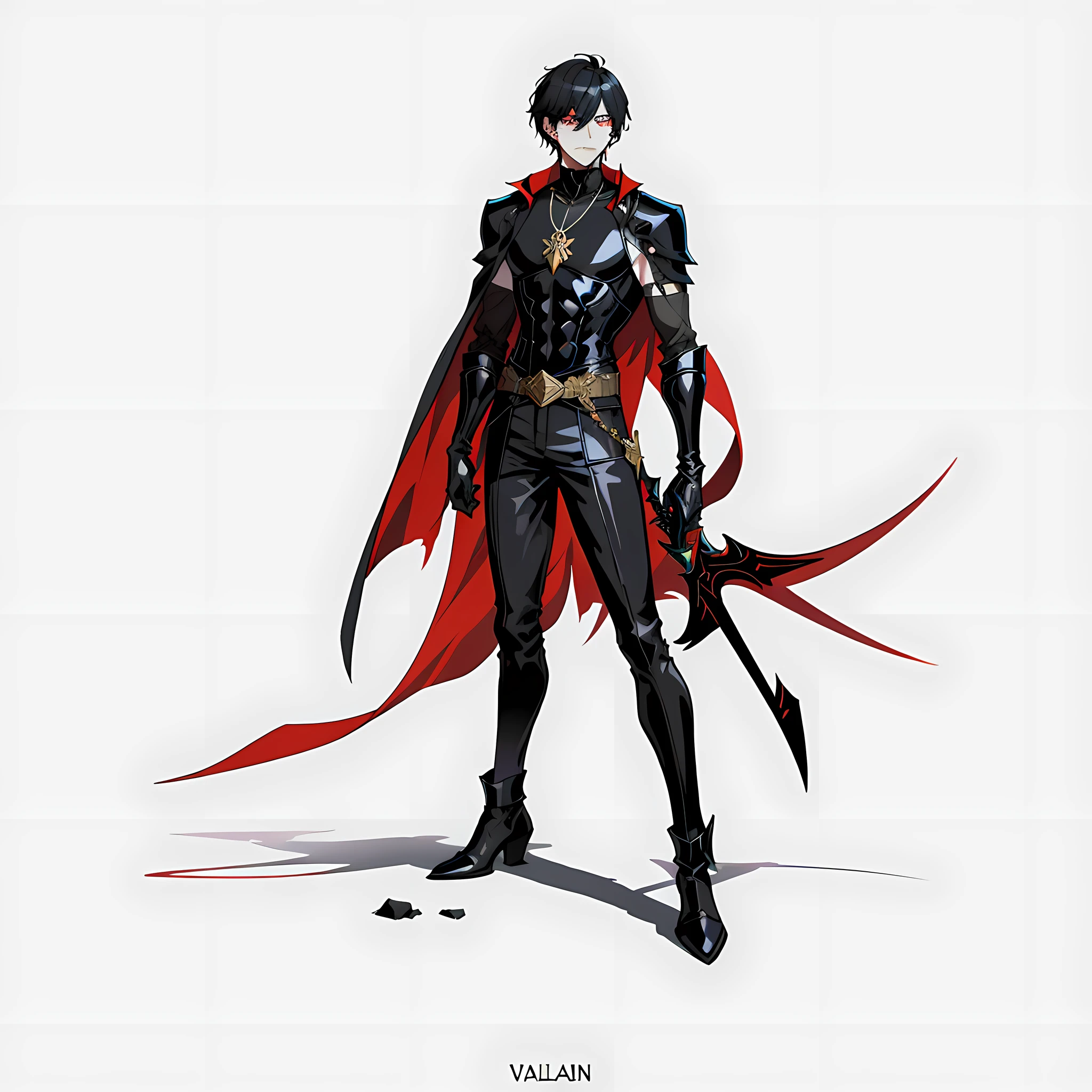 Physical Description: Valerian is an impressive and intimidating-looking vampire. He is about 1.85m tall, with a slender and athletic physique. His skin is pale, almost translucent, and his eyes are deep and mesmerizing, of an intense red, reflecting his otherworldly nature. Valerian has straight black hair that falls down to his shoulders, contrasting with his pale complexion. He carries a long, elegant sword with a sharp blade and detailed adornments.

Clothing: Valerian wears black armor, made of sturdy leather, that fits perfectly to his body. The armor is light and flexible, allowing for agile movements during combat. He wears a long, flowing cape, which adds an air of mystery and drama to his look. Valerian also wears leather gloves to protect his hands during confrontations. On his neck, he wears a necklace with a ruby pendant, which represents his connection to eternal life. Scenario