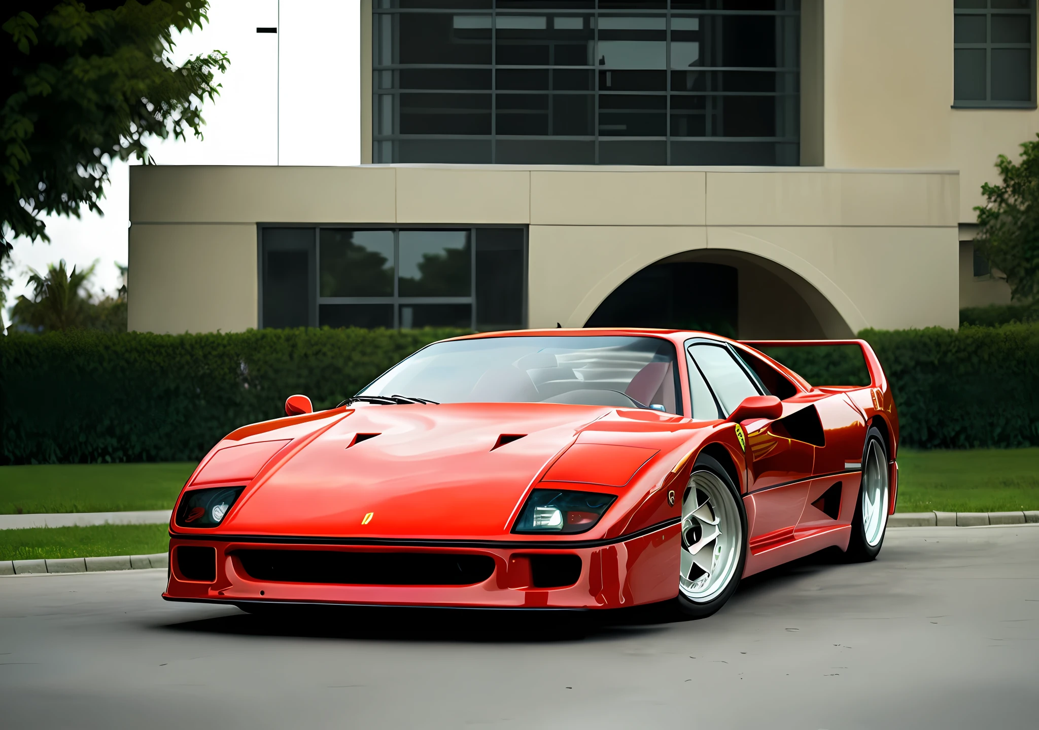 Red FerFourty on a street, modern architecture, depth of field, 1 car