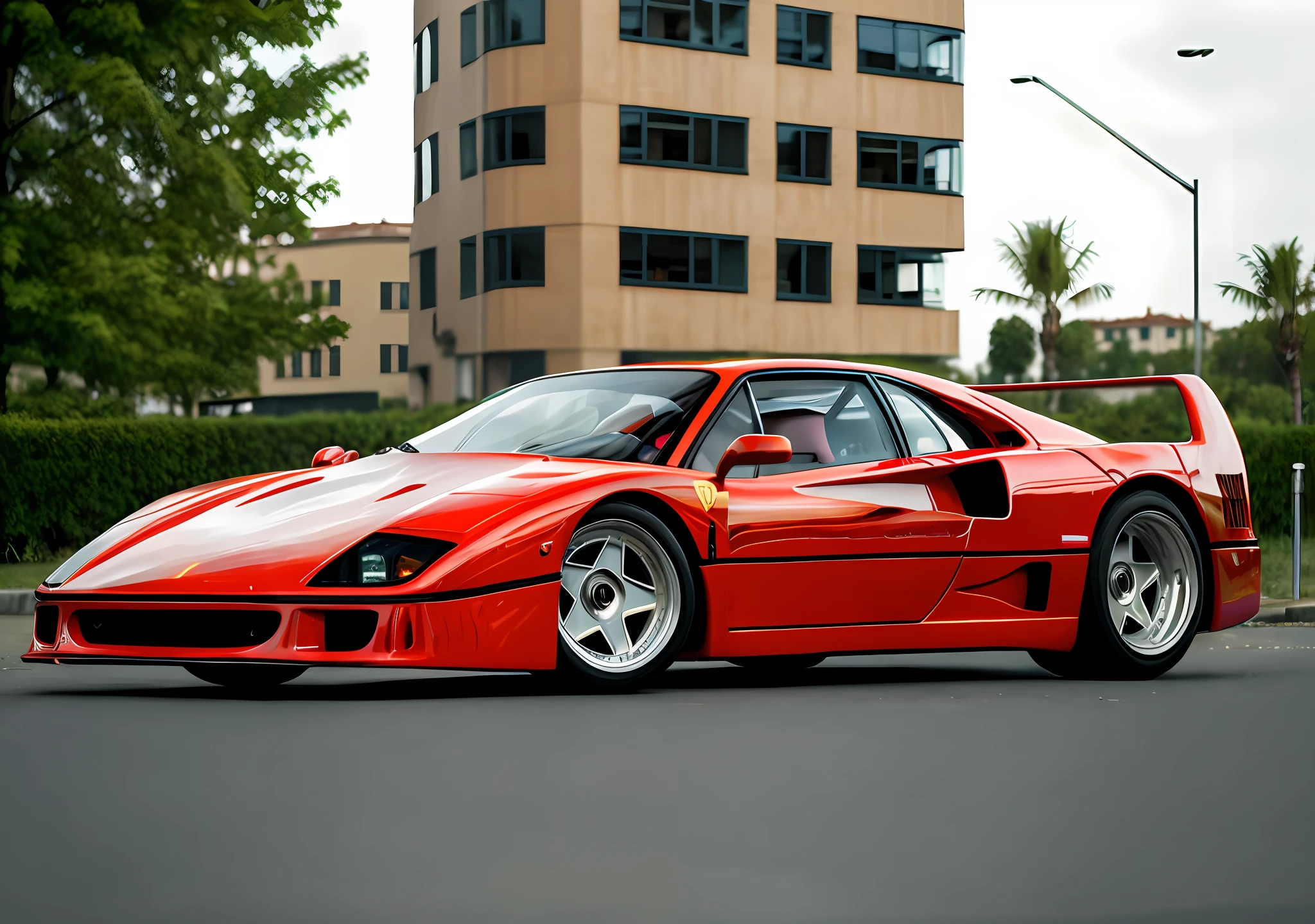 Red FerFourty on a street, modern architecture, depth of field, 1 car