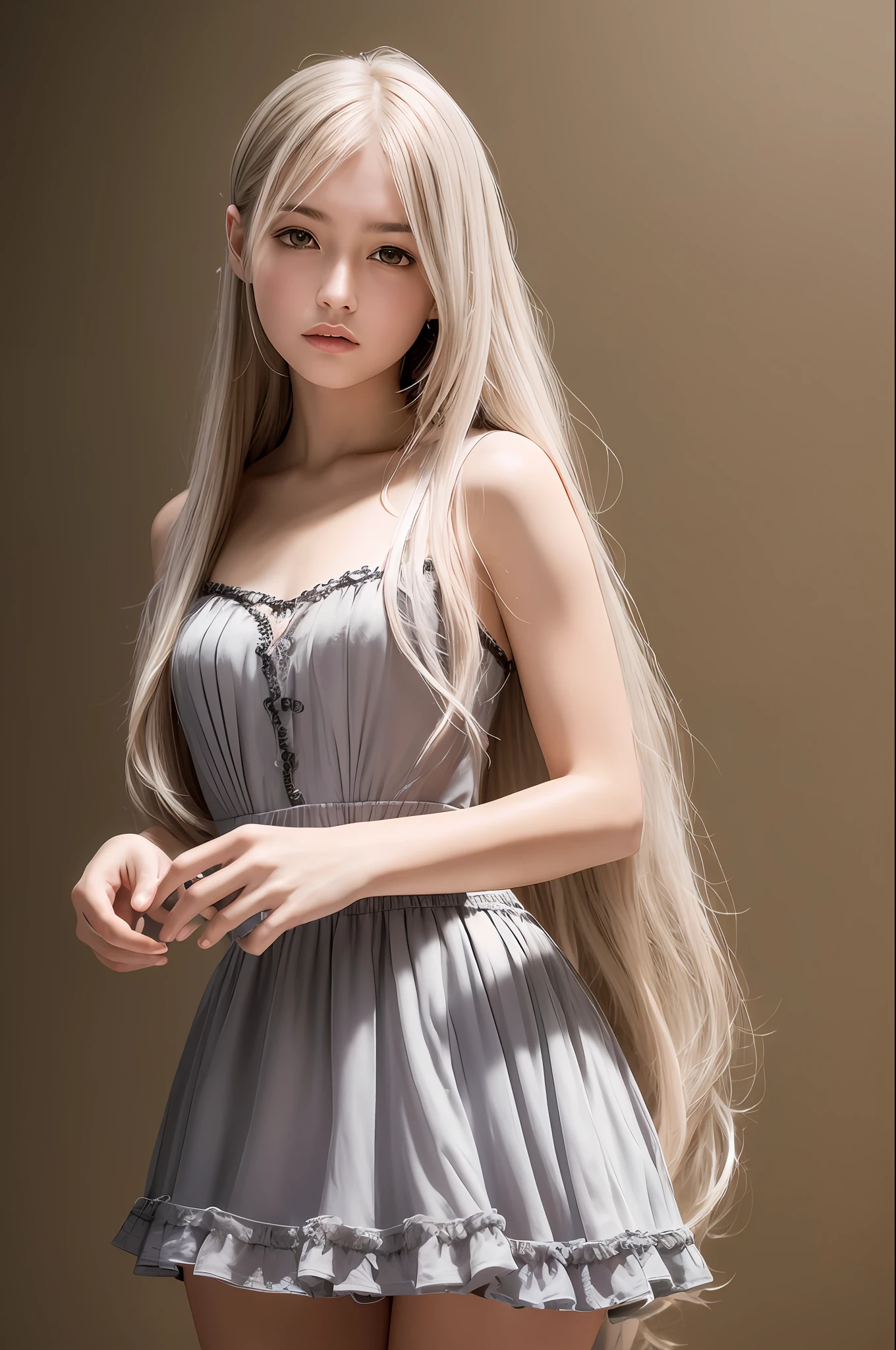 Top Quality, Masterpiece, Ultra High Resolution, (Photorealistic: 1.4), Raw Photos, Film Grain, 1girl, Long Hair, Silver Hair, Detailed Eyes and Face, Mini Dress with Ruffles, Dynamic Lighting, Deep Shadows, Cowboy Shots Ball Venue