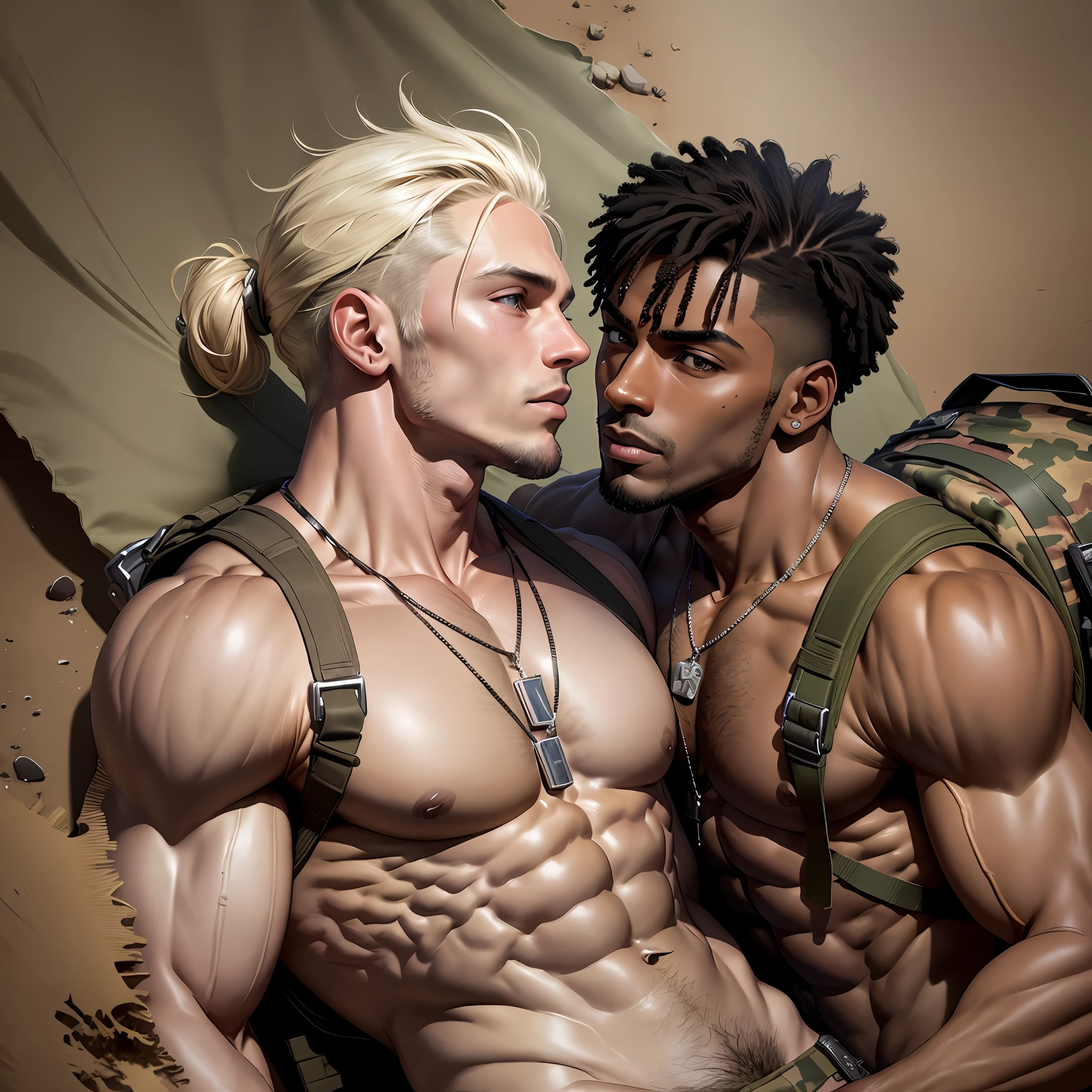 two men together, two topless muscular men, military dogtag necklace between pecs, (kiss:1.1),together, unconscious, on back, backpack, panty bulge, precum, (desert camouflage, military uniform, dark skin, dark-skinned male, high detailed skin:1.2), masterpiece, best quality, highres, realistic