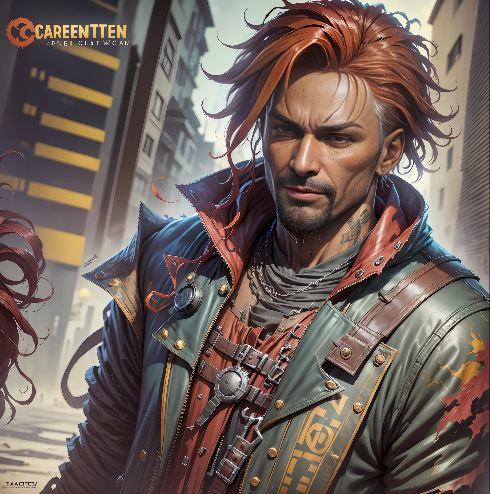 Create a DC comics style character, a man, hair blooming color, brown skin, different from those that exist, well detailed, tattered clothes, fortnite style scenery, high quality in details, looking at the front of the screen, scarlet red hair, clothes with red details, all well detailed.