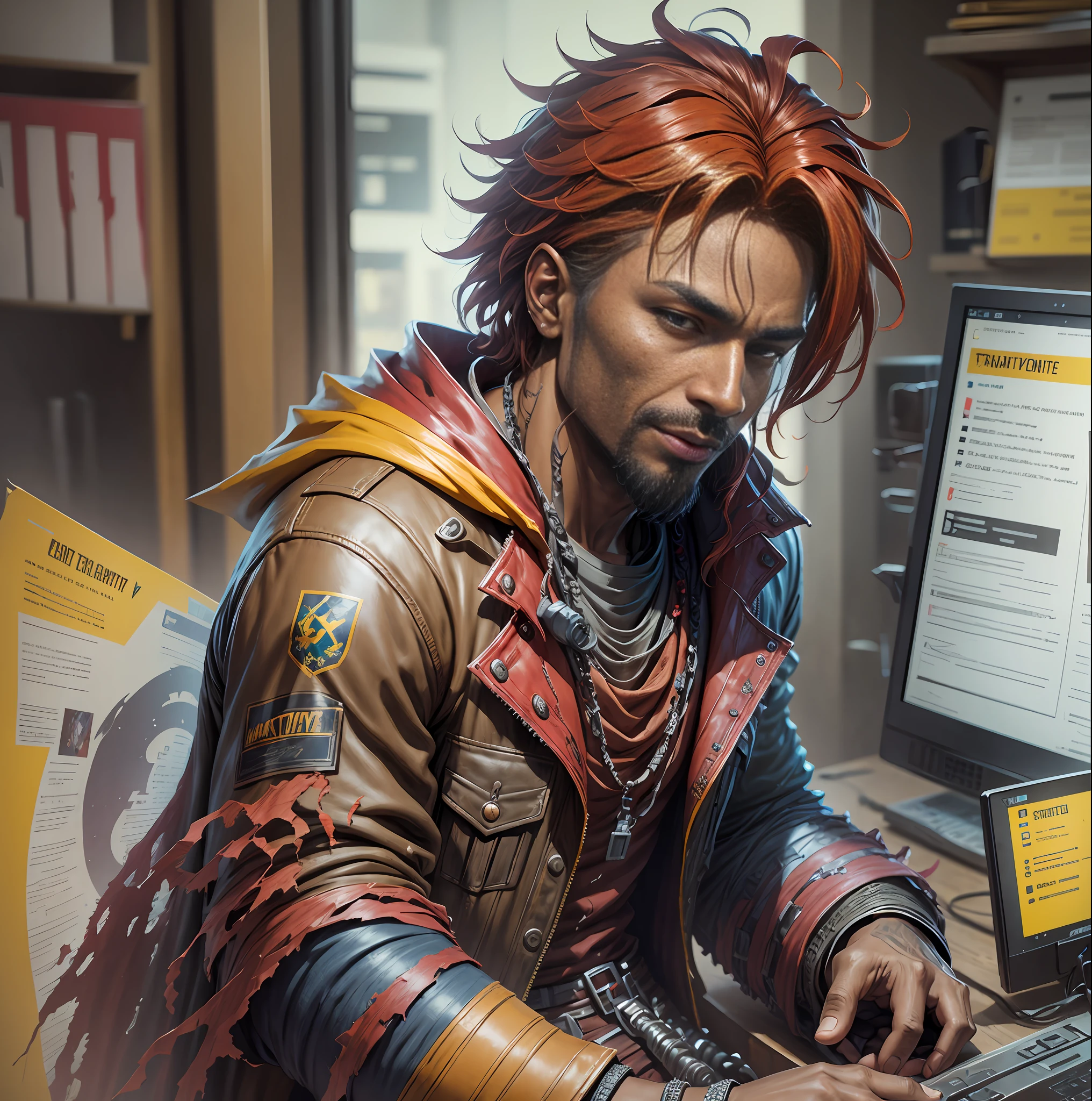 Create a DC comics style character, a man, hair blooming color, brown skin, different from those that exist, well detailed, tattered clothes, fortnite style scenery, high quality in details, looking at the front of the screen, scarlet red hair, clothes with red details, all well detailed.