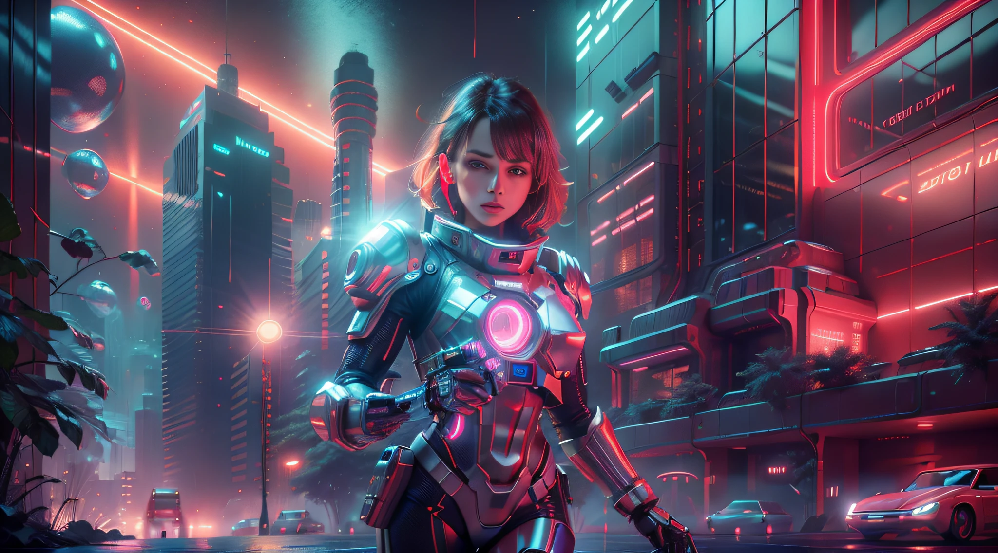 maximum quality, photorealism, 8k, film, high resolution, woman, 8k, perfect face, bright eyes, intricate details, running with a laser gun in hand and space suit with neon lights, next to a giant red, silver and gold robot, maximum quality, 8k, background of a futuristic city, winding buildings, metal, glass, concrete, dramatic light, fog, rain,  water, low view, general plan, medium depth of field, lomography, neon, maximum quality, beautiful, masterpiece, photorealism, 8k, realistic high resolution texture, film grain, film, cinematic