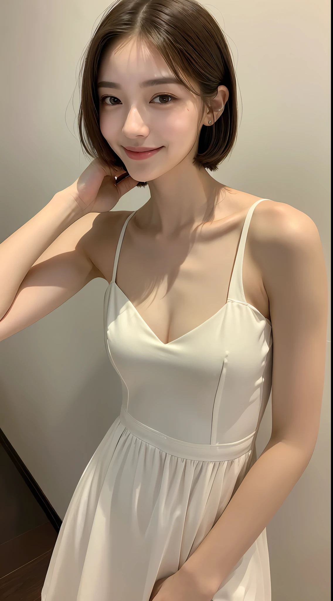 ((Best Quality, 8K, Masterpiece: 1.3)), 1girl, Slim Abs Beauty: 1.3, (Casual Hairstyle, Short Hair, Small Breasts: 1.2), Dress: 1.1, Super Thin Face, Delicate Eyes, Double Eyelids, Smile, Home