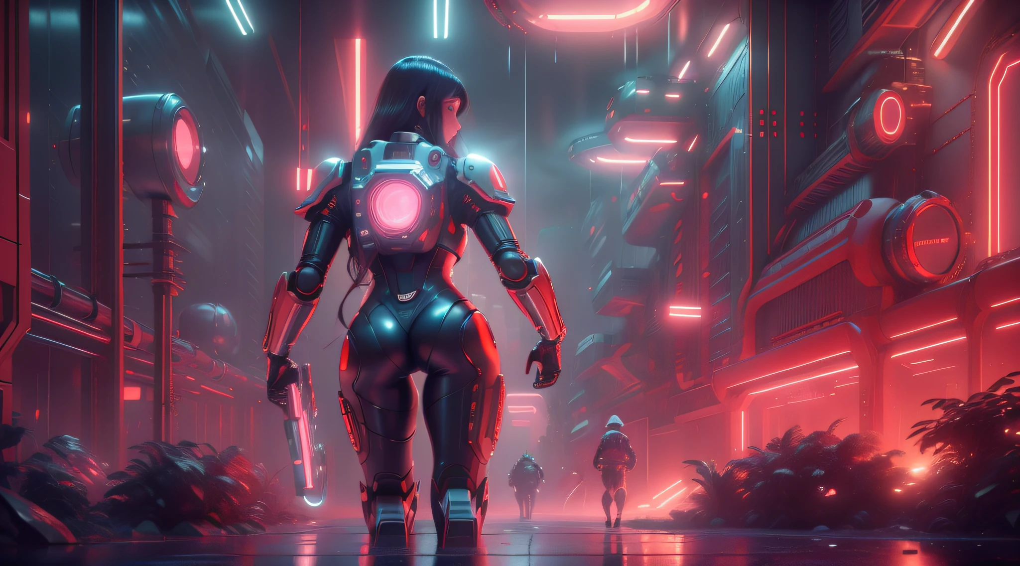 maximum quality, photorealism, 8k, film, high resolution, woman, 8k, perfect face, bright eyes, intricate details, running with a laser gun in hand and space suit with neon lights, next to a giant red, silver and gold robot, maximum quality, 8k, background of a futuristic city, winding buildings, metal, glass, concrete, dramatic light, fog, rain, water, low view, general plan, medium depth of field, lomography, neon, maximum quality, beautiful, masterpiece, photorealism, 8k, realistic high resolution texture, film grain, film, cinematic
