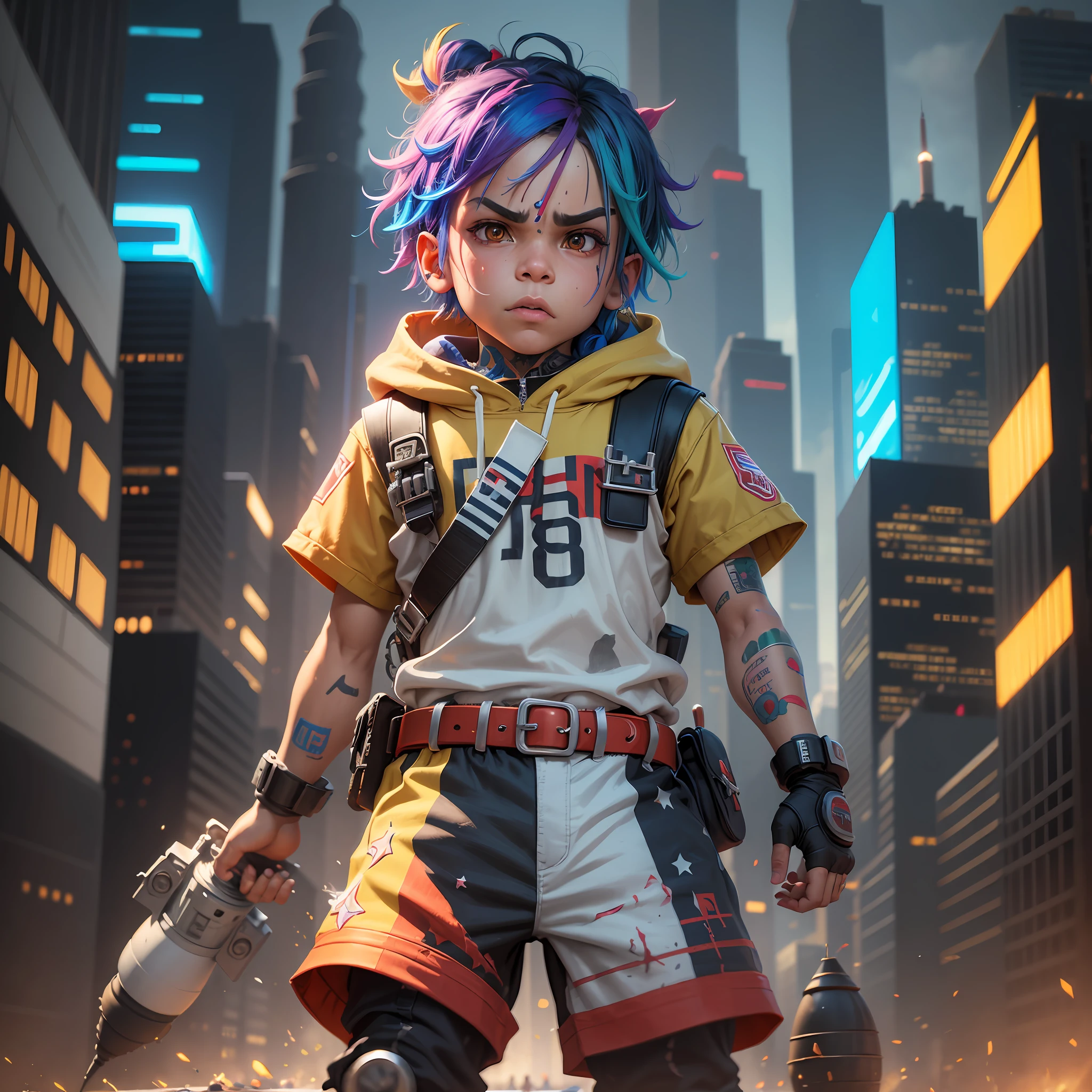create a rocket, character, small, angry, boy, colorful, 6ix9ine, rainbow, Devian Art, Trending Artstation, Digital Art, detailed, realistic, humanoid, character, nft, cinematic Sho, cinematic lights --auto --s2
