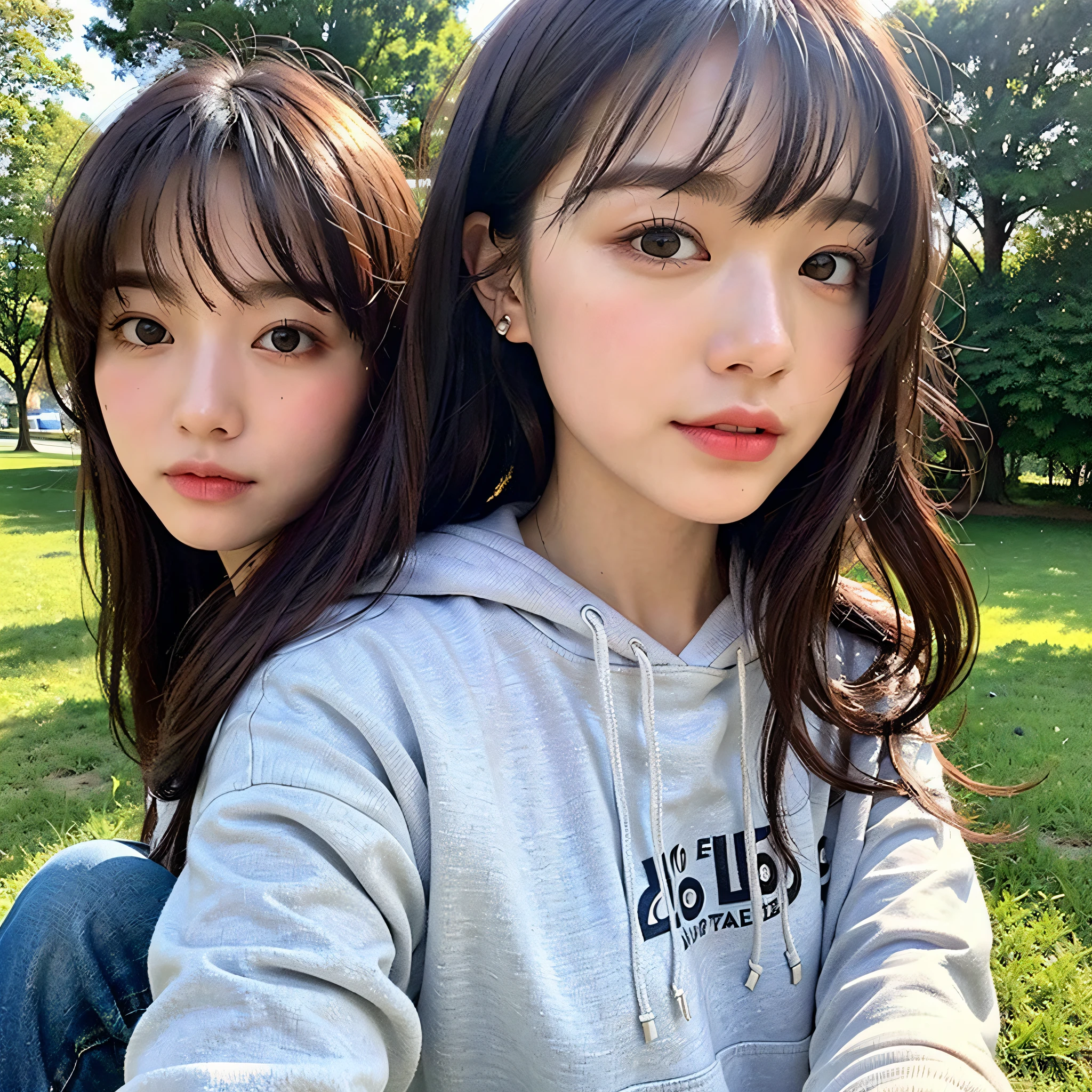 ((Solo:1.3)), 1Girl, Best Quality, Realistic, Photorealistic, Best Quality, Masterpiece, Very Delicate and Beautiful, Very Detailed, (selfie:1.2), Fine Detail, Ultra Detail, High Definition, Very Detailed, Realistic, Ultra High Definition, Best Quality, Ultra High Definition, (Real:1.4), High Quality Texture, hoodie, In a park , bangs, long hair
