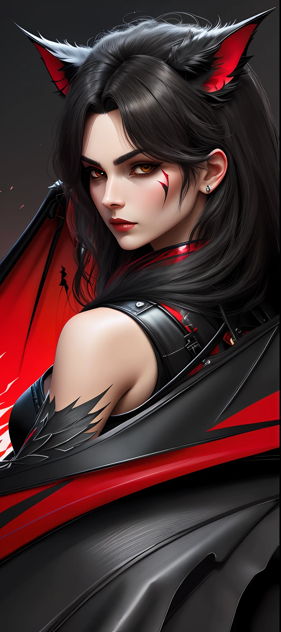 Black lion, black and red details, bat wings,