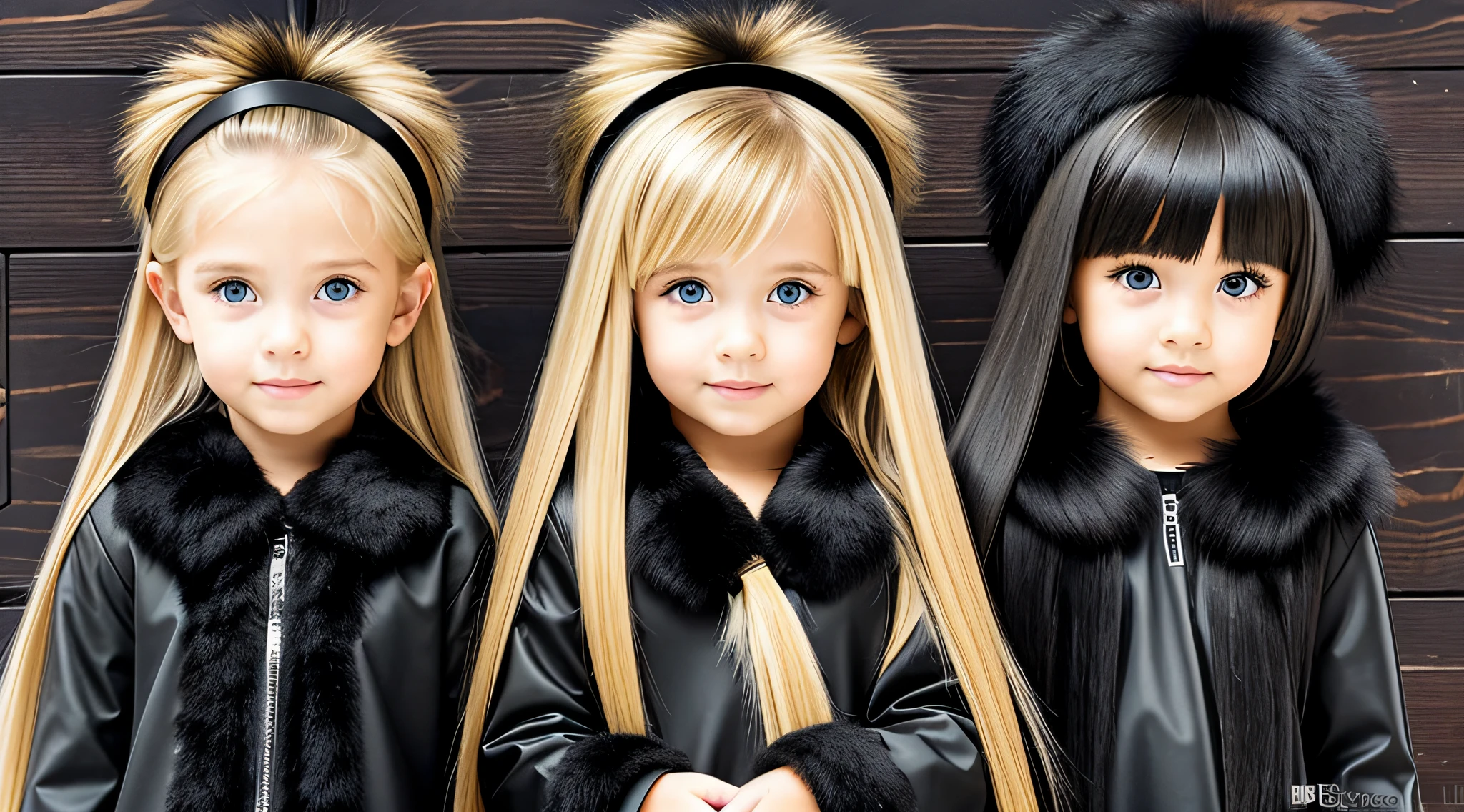 CHILDREN'S GIRLS, BLONDES WITH VERY LONG STRAIGHT HAIR, BLACK FUR COAT.