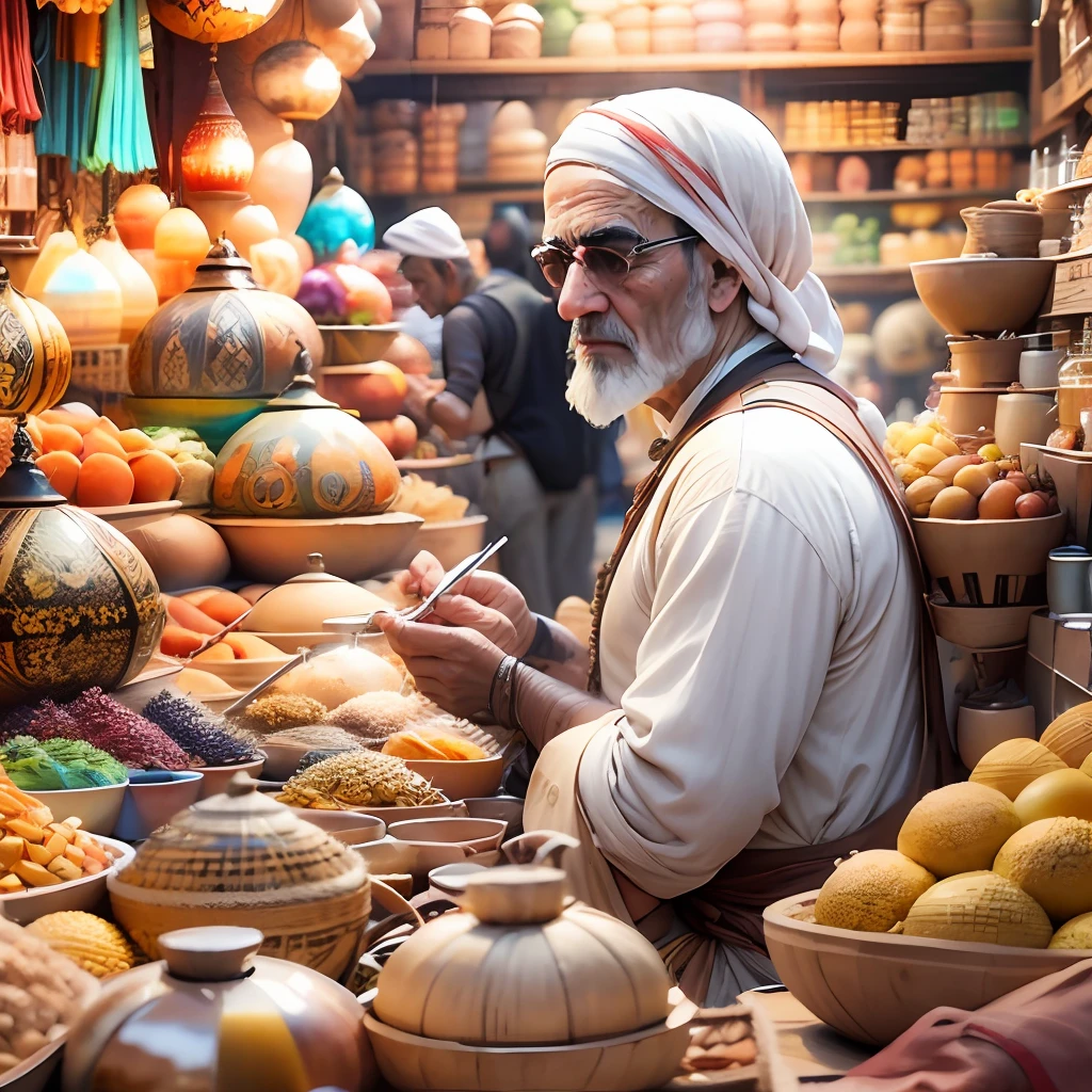 Oriental bazaar in Marrakech. Close-up of an Arab merchant. Around the abundance of oriental goods, souvenirs, dishes, carpets. Blurred urban background in the shadow of the scorching sun. --auto --s2