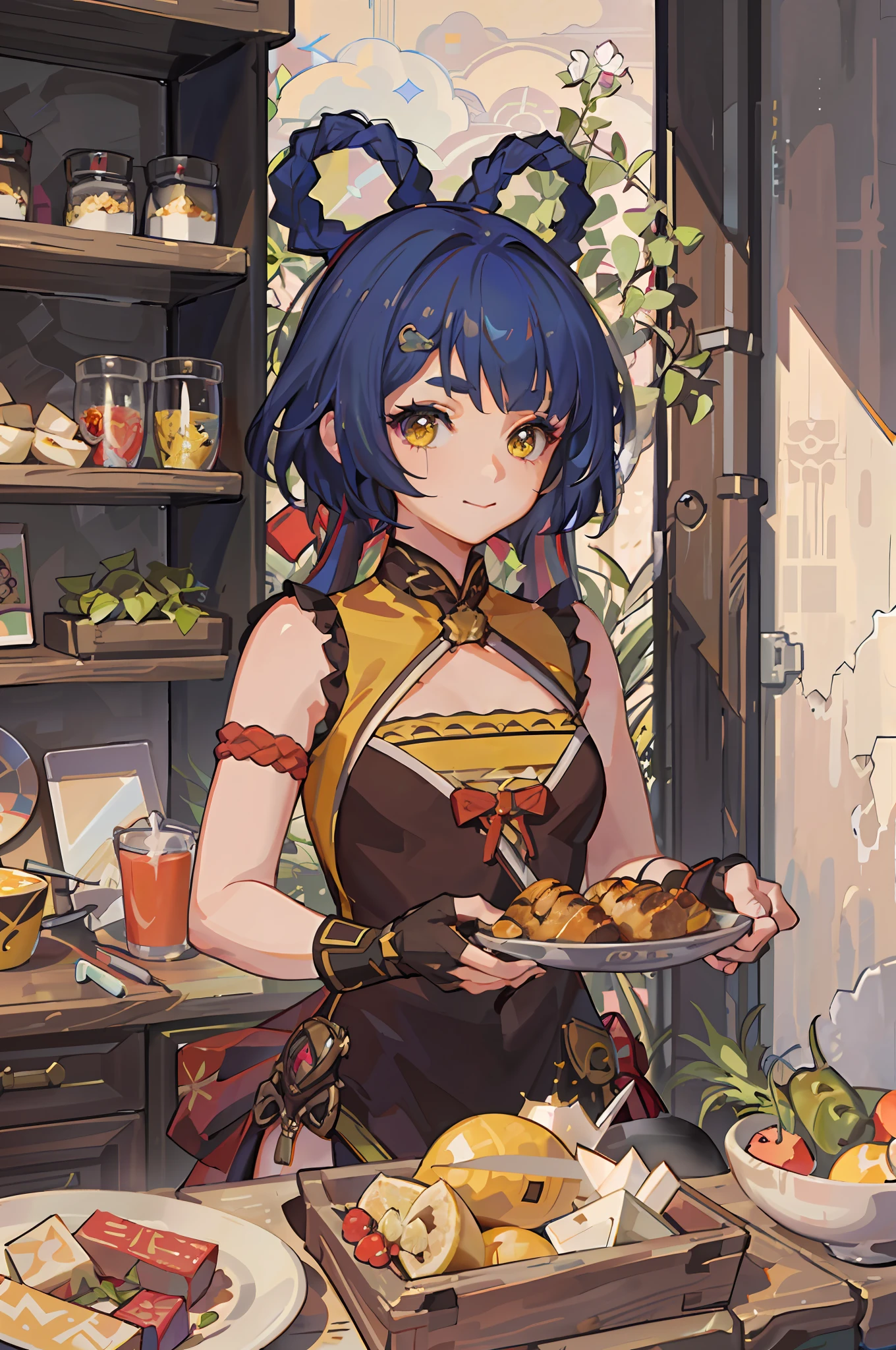 absurdres, highres, ultra detailed, 1girl, solo, extremely detailed eyes, (official art, beautiful and aesthetic:1.2), (1girl), extreme detailed,colorful,highest detailed, short blue hair with 2 braids on top of the head, yellow chinese clothes, in a kitchen, lots of food around