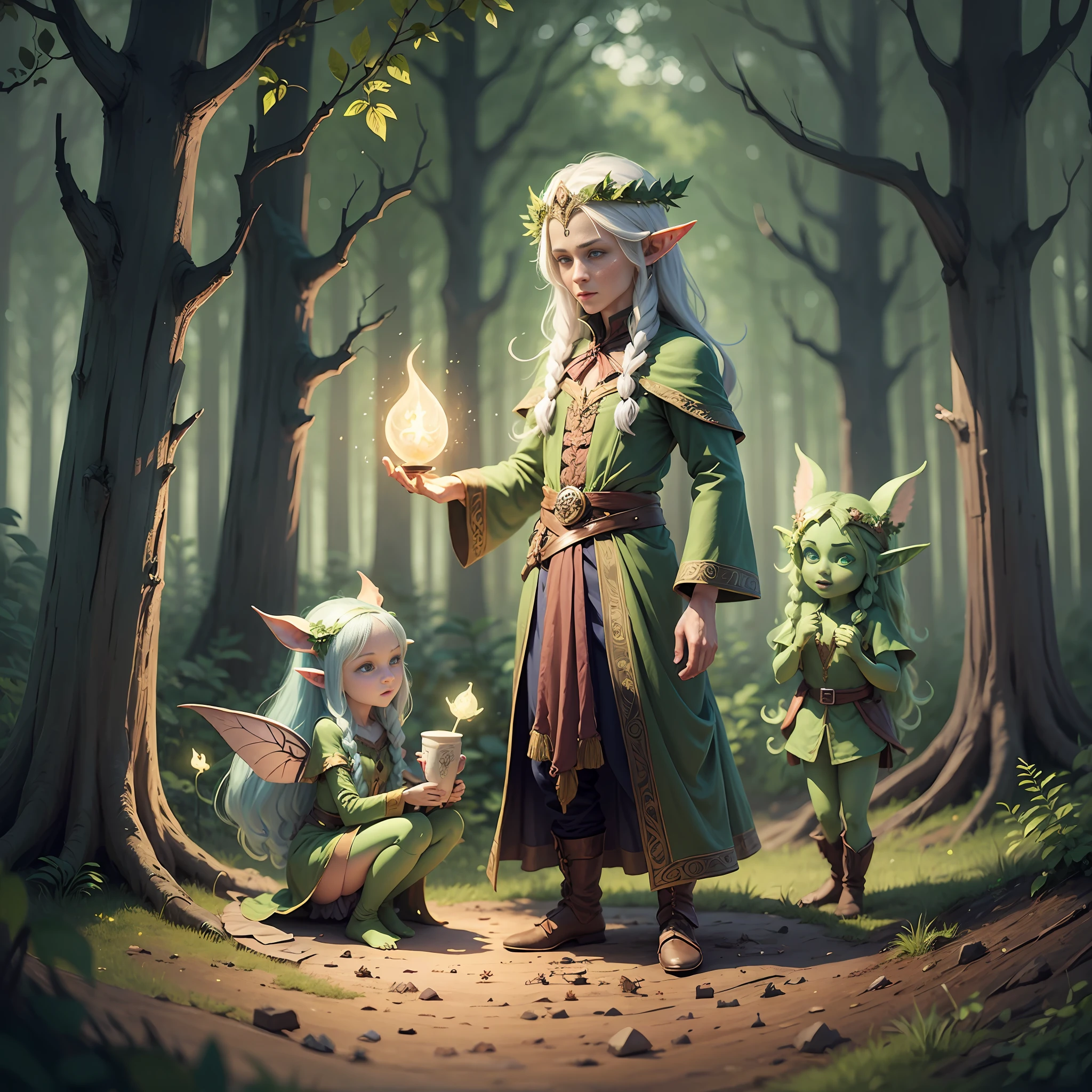 Elves, old magicians, fairies, a night fairytale forest in an animated style, many characters --auto --s2