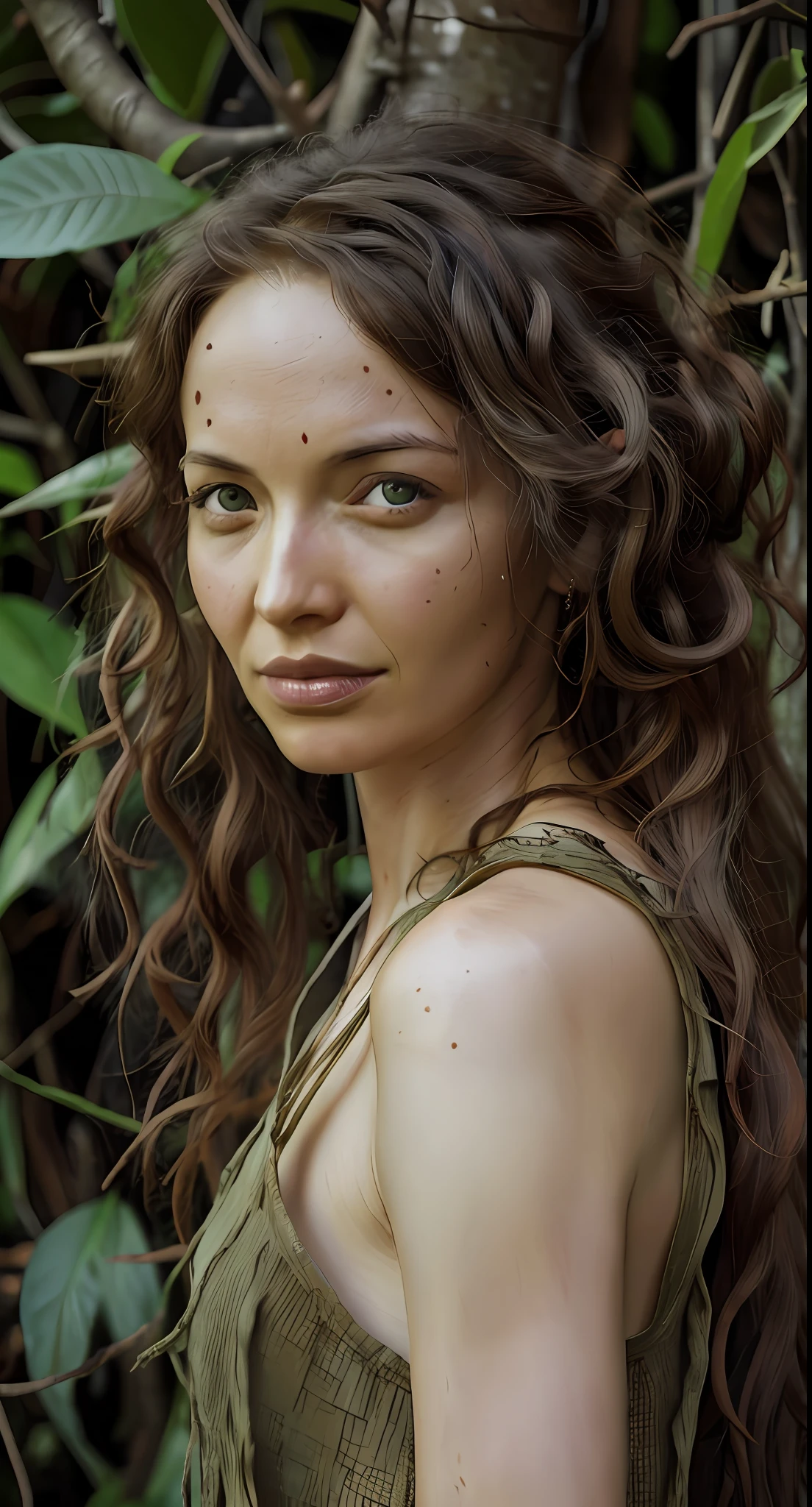 Eve, first woman, wife of Adam, 30 years old, female, marks of time, detailed face, intricate, distressed, detailed jungle dweller, realistic photo