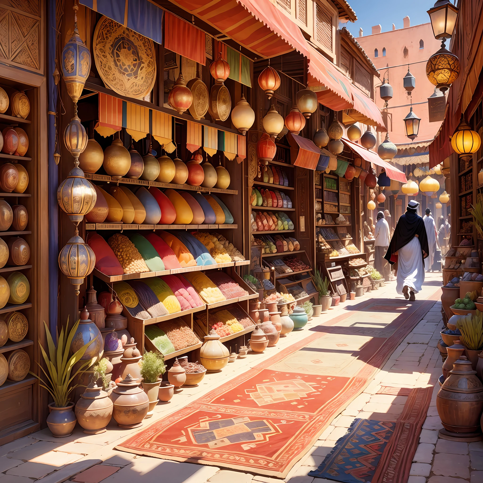 Oriental bazaar in Marrakech. Close-up of an Arab merchant. Around the abundance of oriental goods, souvenirs, dishes, carpets. Disney Pixar style. Sharp shadows of the scorching sun from multi-colored awnings. Blurred city background. --auto --s2