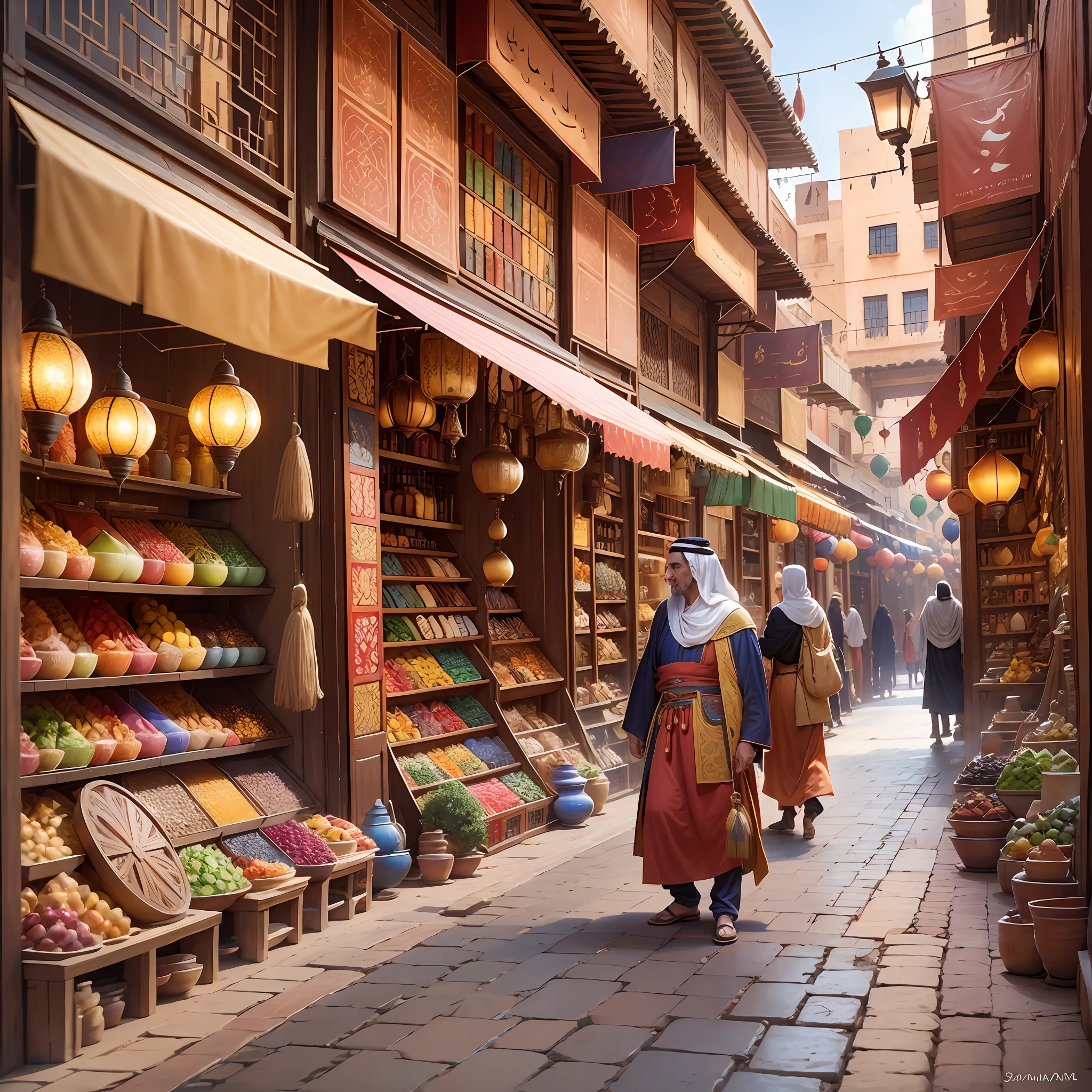 Oriental bazaar in Marrakech. Close-up of an Arab merchant. Around the abundance of oriental goods, souvenirs, dishes, carpets. Disney Pixar style. Sharp shadows of the scorching sun from multi-colored awnings. Blurred city background. --auto --s2