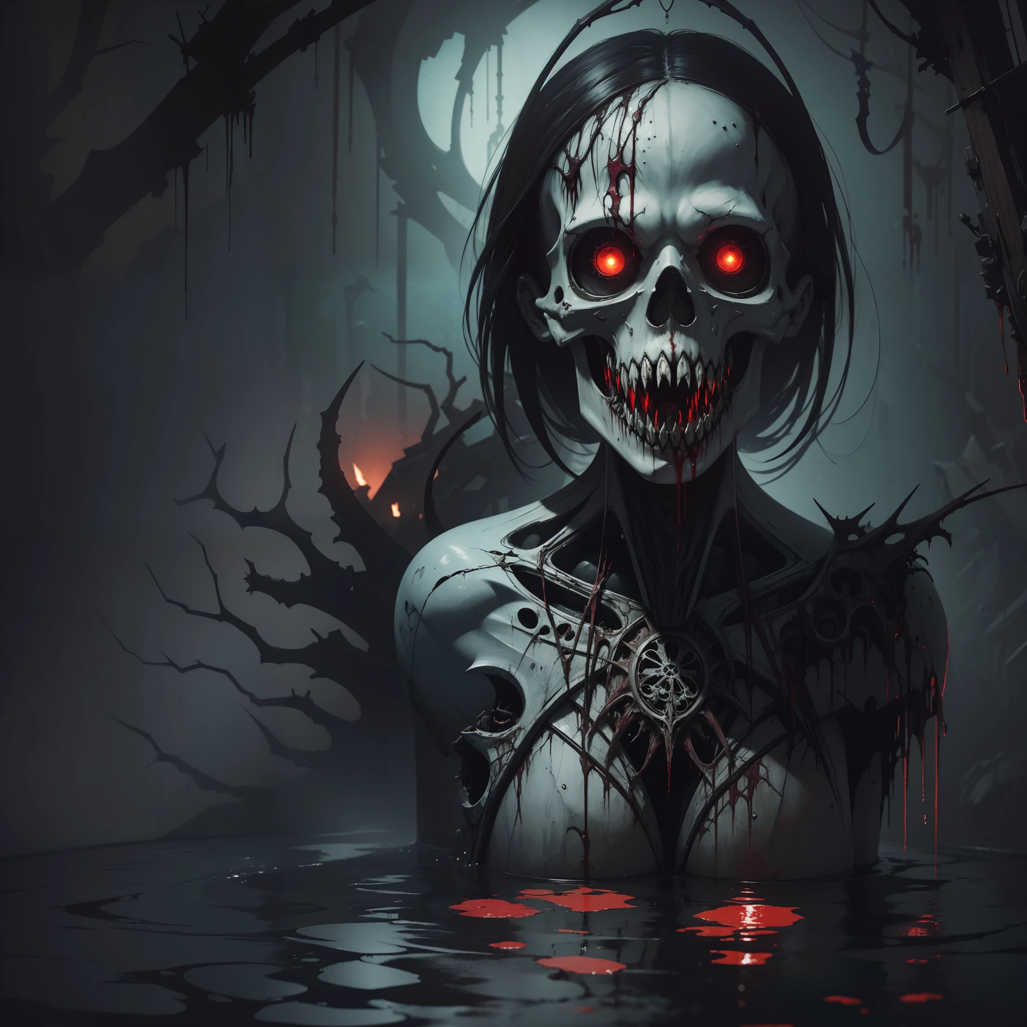 portrait of the most beautiful form of chaos, elegant, a brutalist designed, vivid colours, romanticism, by apterus, (apterus creepy anatomy:1.3), ((ahegao)), rolling_eyes, ((head down)), an evil girl bathing in a pool of blood, sharp teeth, maniacal laughter, ((decay and spooky)), atmospheric, trending on artstation. 8 k masterpiece, ((symmetry)), death, decay, vengeful japanese ghost, spooky dark village