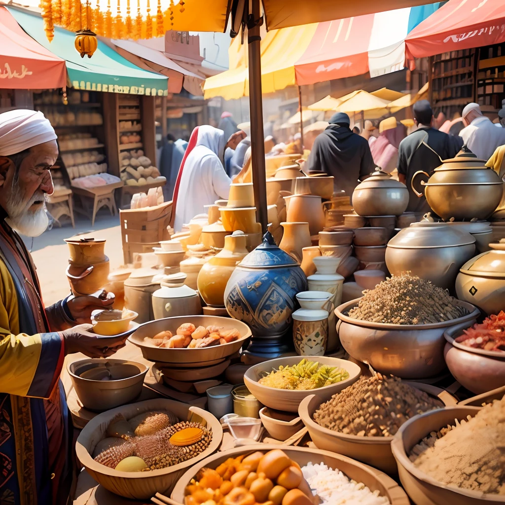 Oriental bazaar in Marrakech. Close-up of an Arab merchant. Around the abundance of oriental goods, souvenirs, dishes, carpets. Blurred urban background in the shadow of the scorching sun. --auto --s2