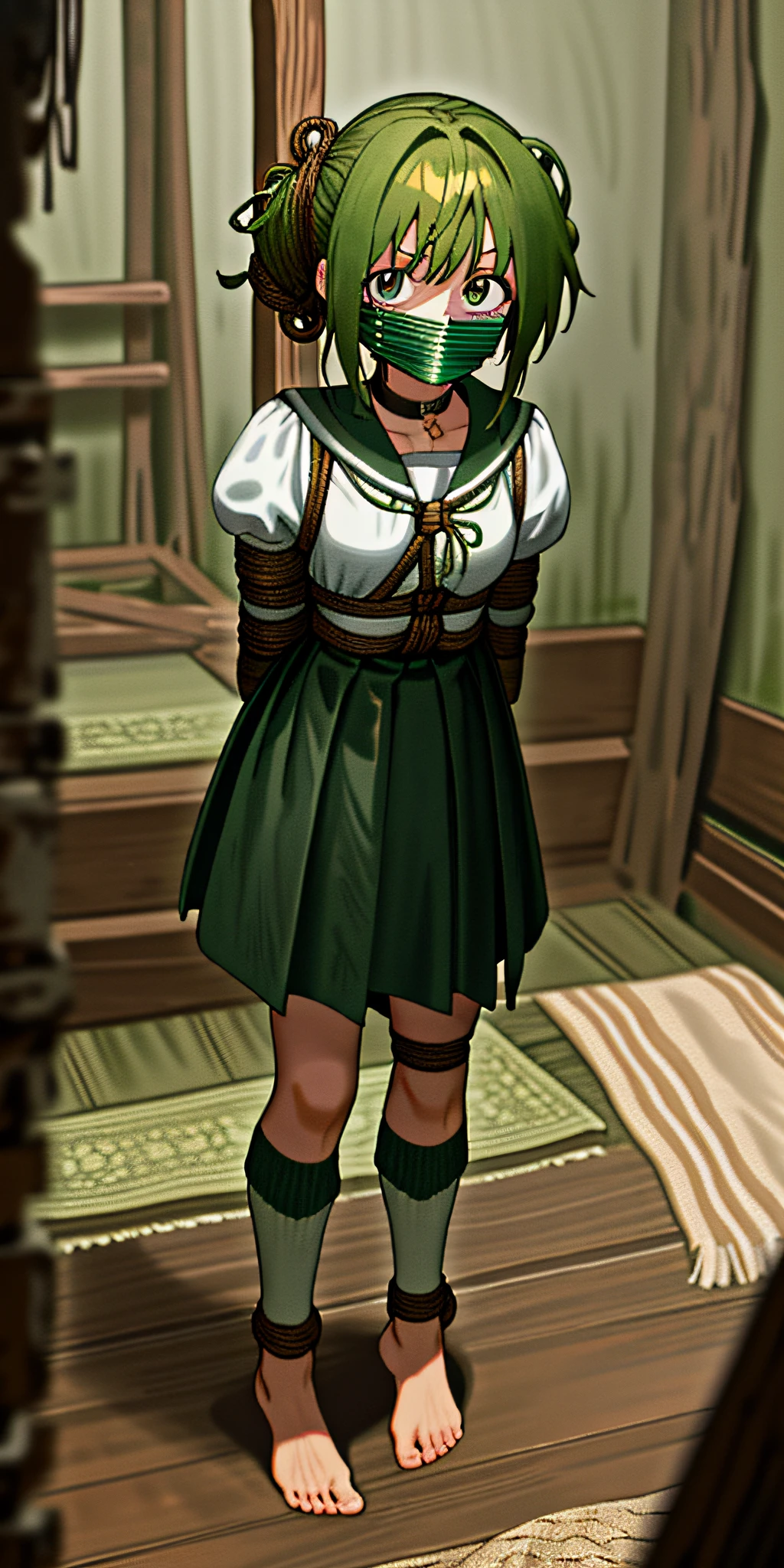 (masterpiece), top_quality, anime_girl, beautiful, green_hair, slave, ancient, dirty_rug, ((hands_tied_behind_back)) best_quality, ((bondage)), (tied_hands), (socks), dirty, gagged, small_breast, ropes, bound_hands, collar, basement, 8k, perfect_face, perfect_feet, tears, (barefoot), slave, mud,
